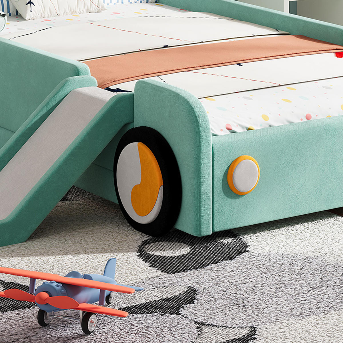 KINDERBETT 90/200 cm in Blaugrün Samt Autobett mit Rutsche, Treppe und Fallschutz - Blau/Grün, Holzwerkstoff/Textil (90/200cm) - STILVORA
