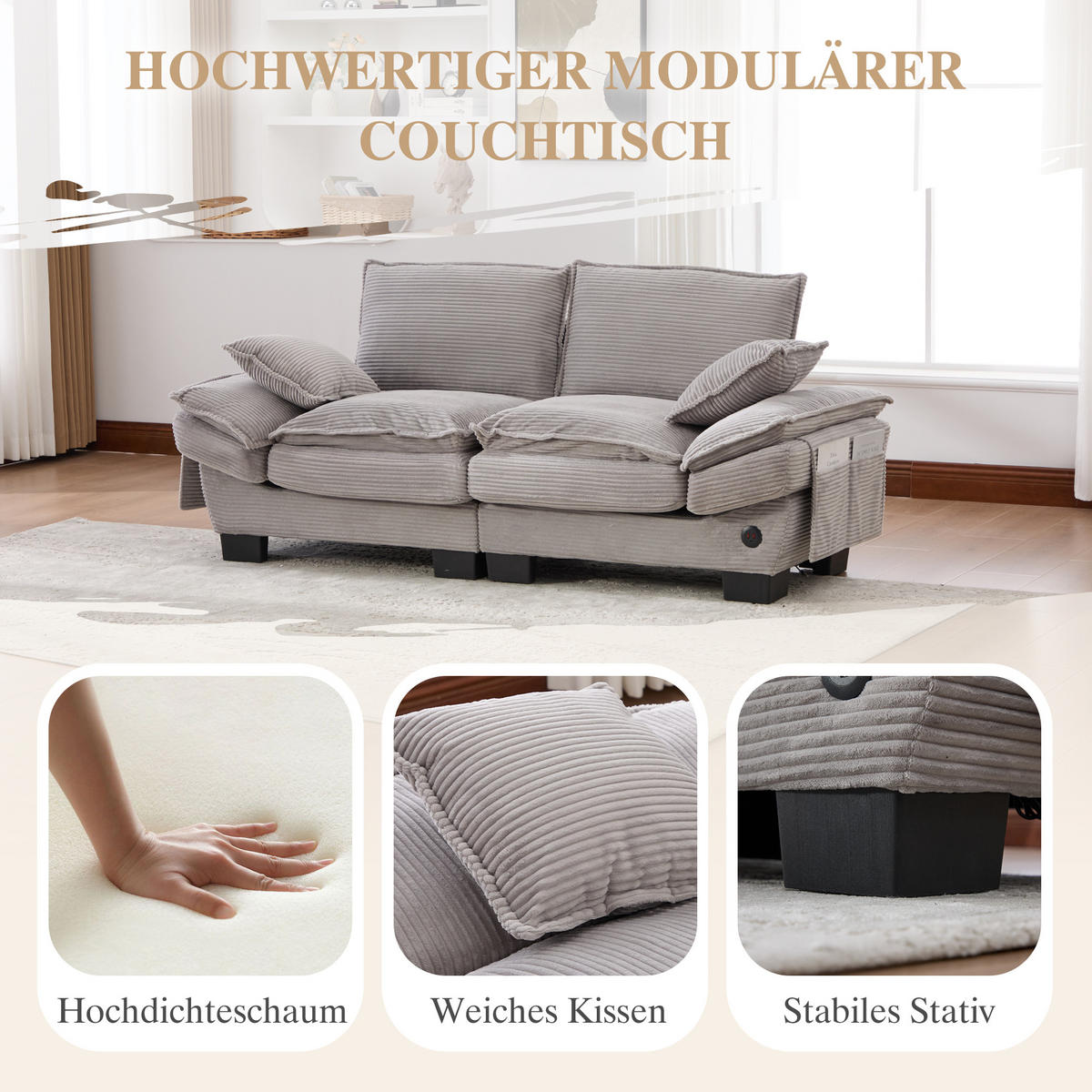 2-SITZER SOFA Cord Hellgrau mit USB-C und Seitentaschen - Hellgrau, Holzwerkstoff/Kunststoff (190/84/73cm) - WISHDOR