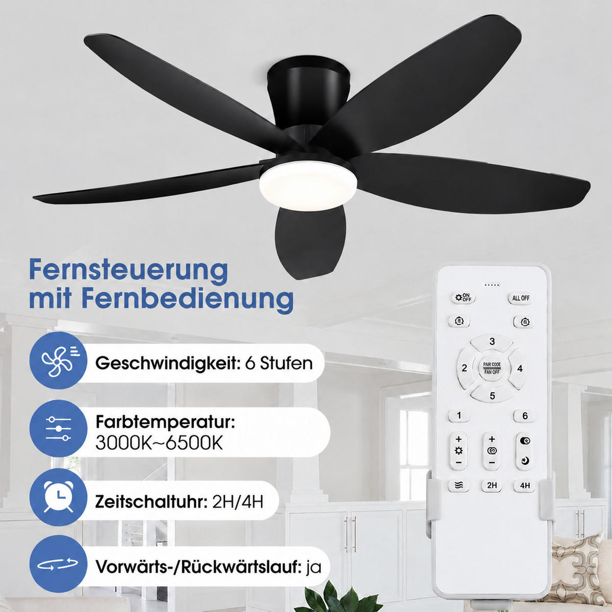 DECKENVENTILATOR Schwarz 106,7 cm mit LED und leisem DC-Motor - Schwarz, Kunststoff (106.7/106.7/21.8cm) - Surtime