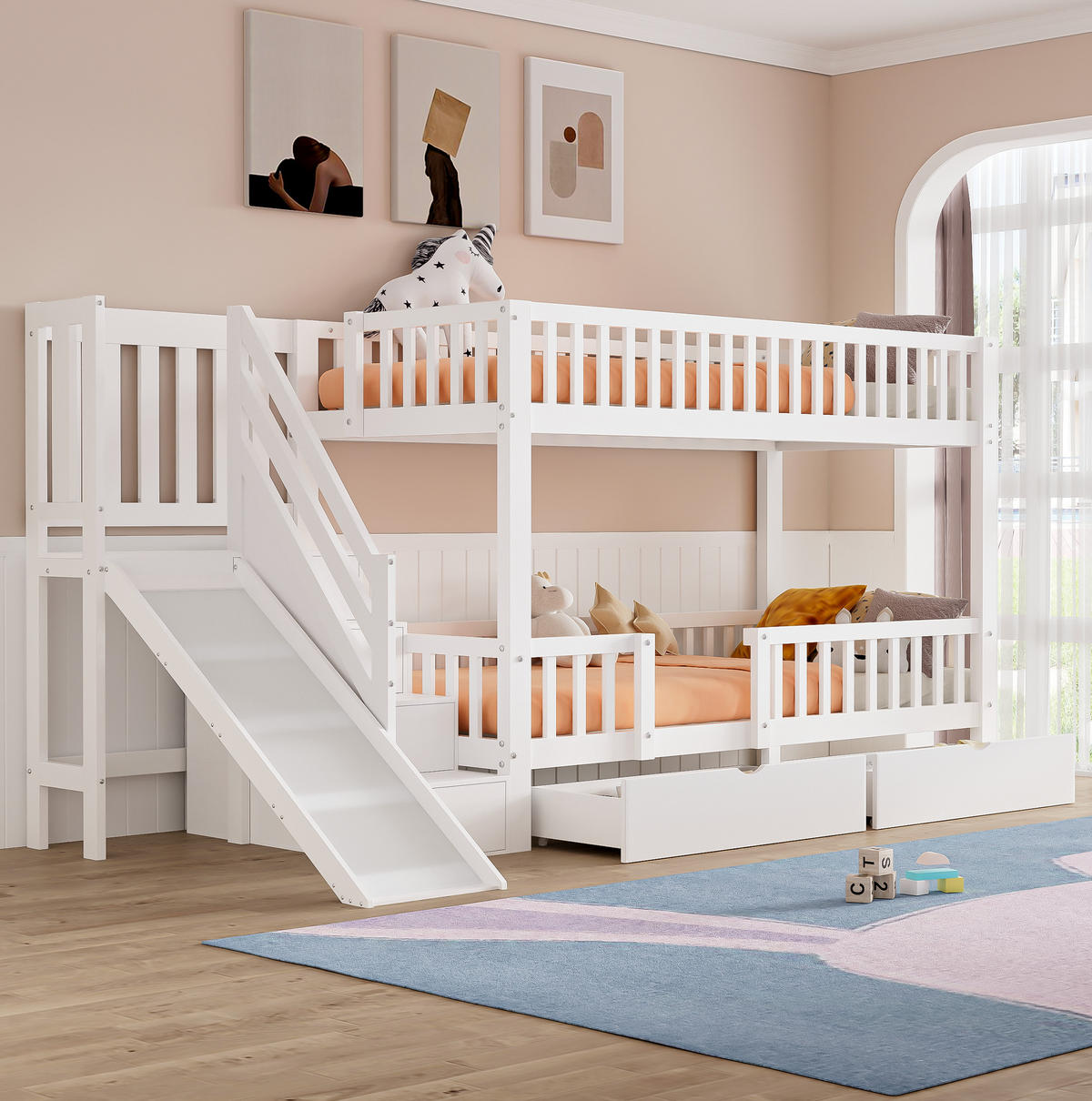 ETAGENBETT 90/200 cm in Weiß mit Rutsche, Treppe und 2 Schubladen - Weiß, Holz (90/200cm) - BEAOK