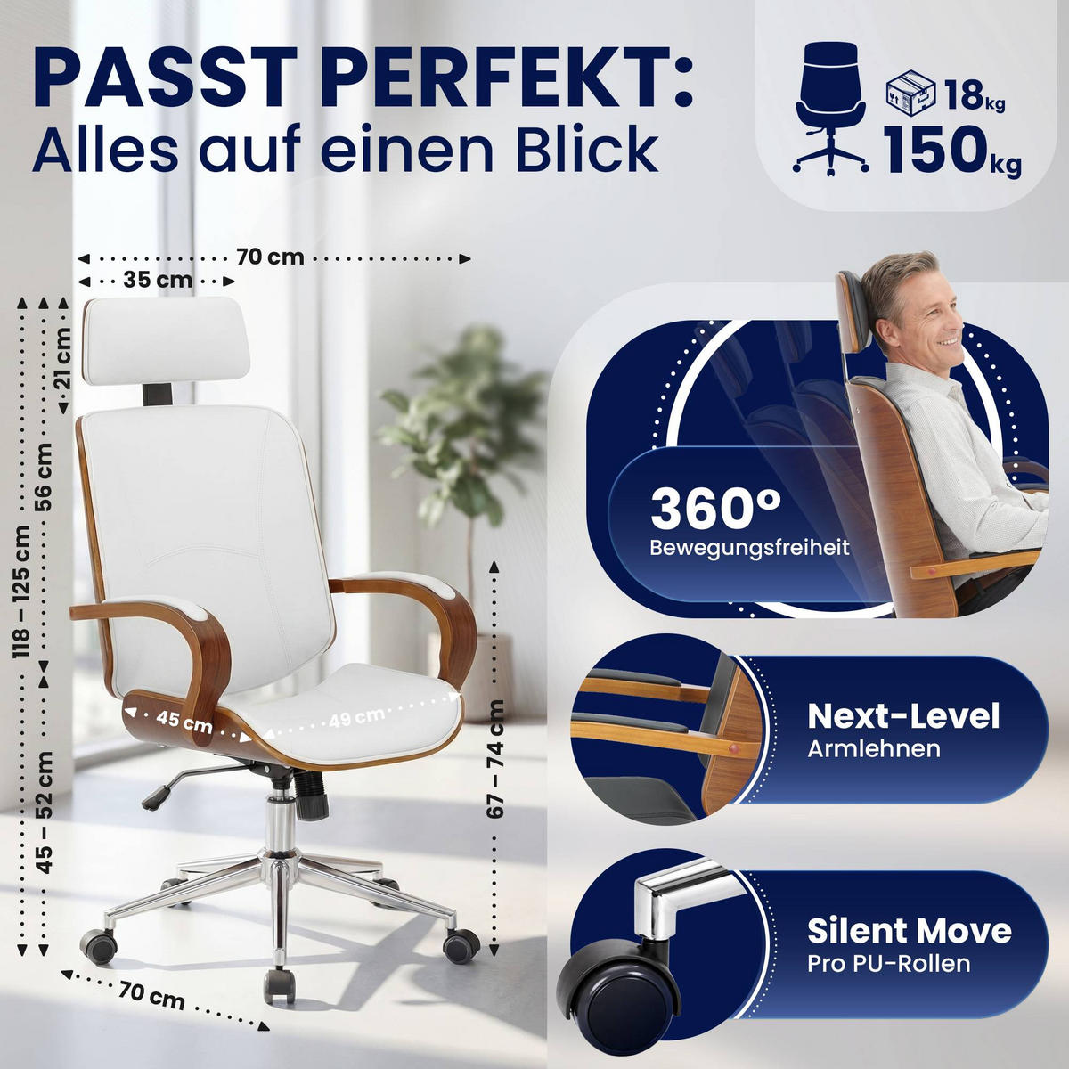 DREHSTUHL Lederlook Walnuss/Weiß - Walnussfarben/Weiß, Textil/Metall (70/118/70cm) - CLP