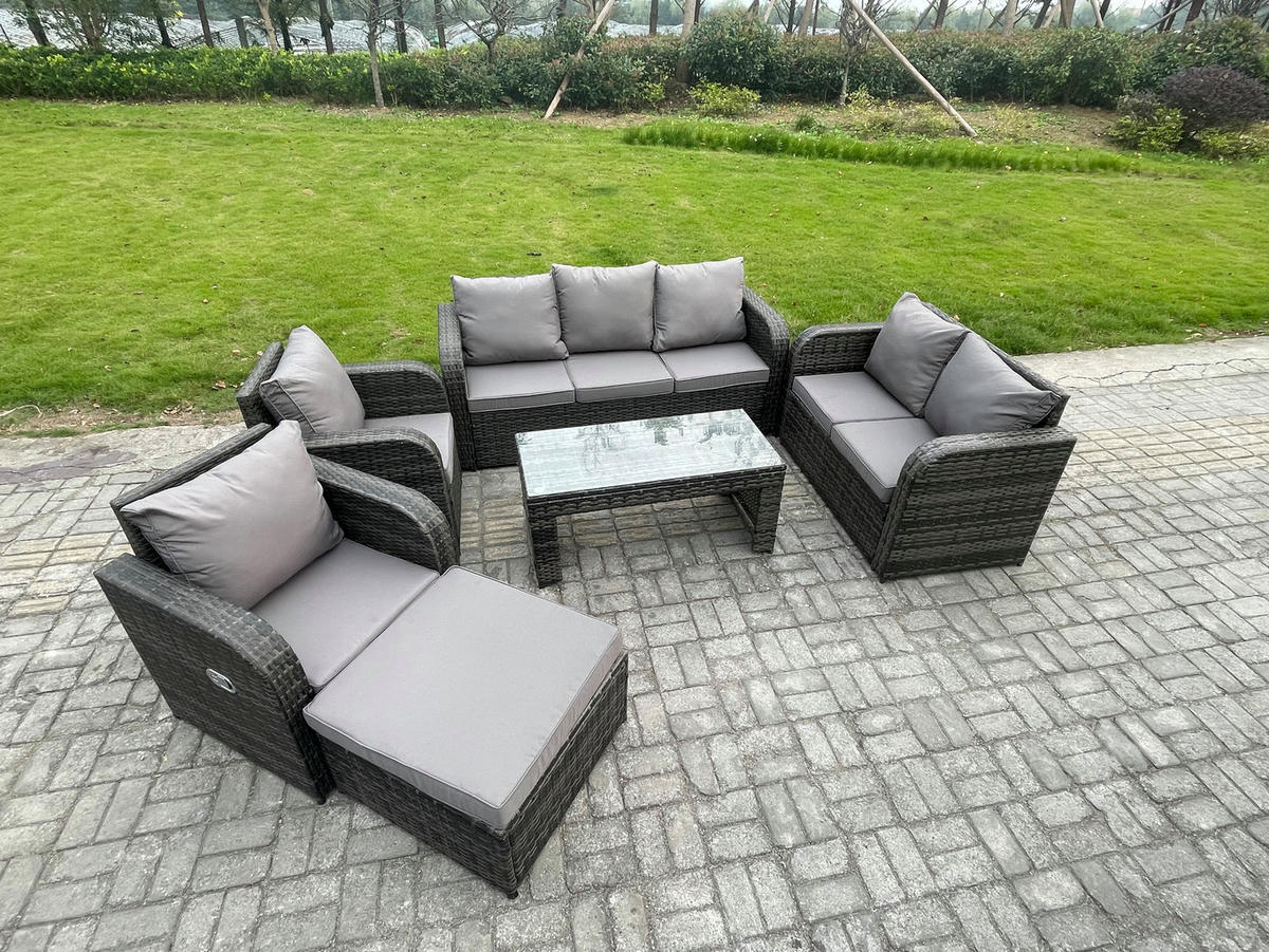 GARTENSOFA SET mit rechteckigem COUCHTISCH Polyrattan 8-Sitzer Dunkelgrau - Dunkelgrau/Grau, Glas/Kunststoff - Fimous