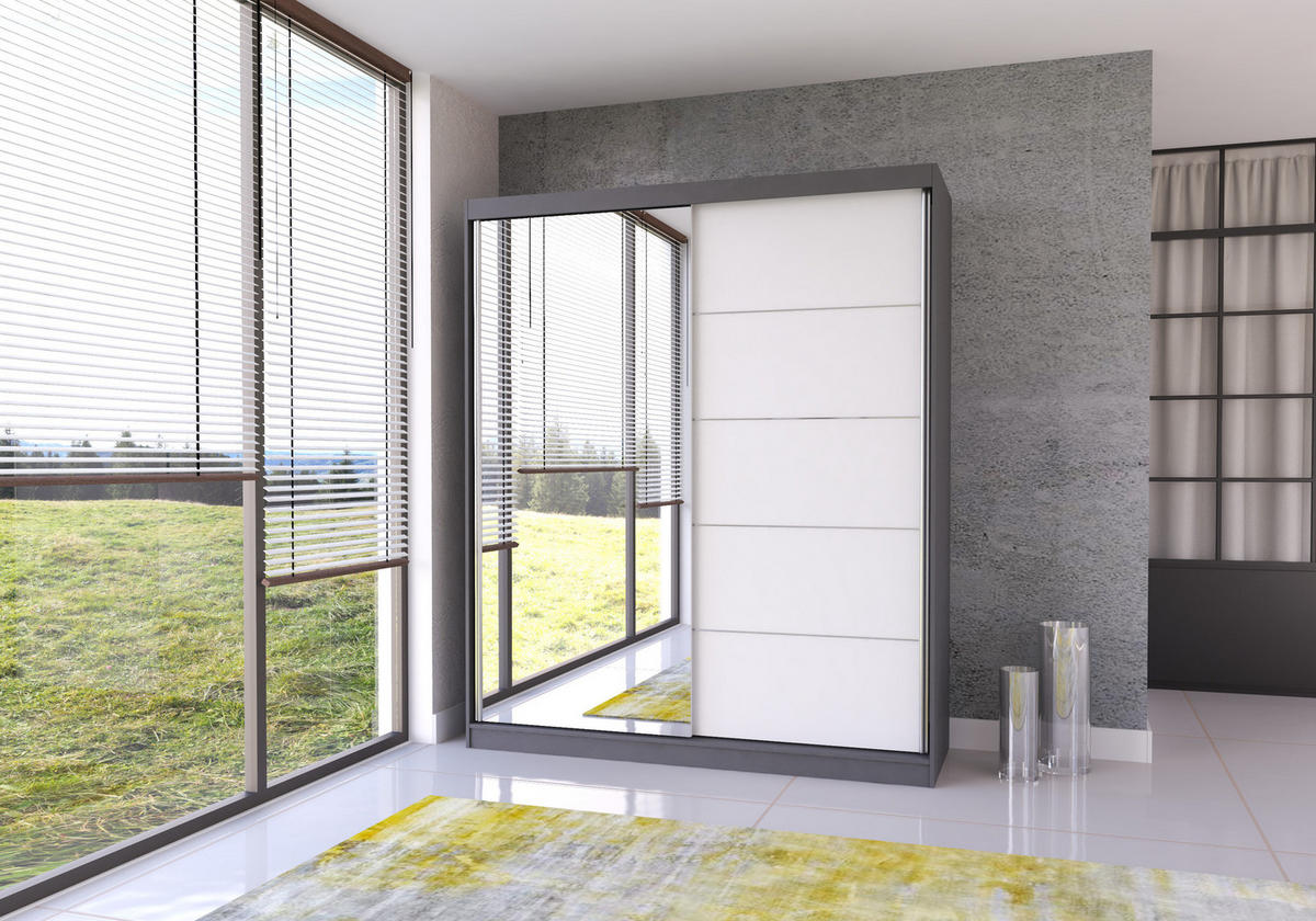 SCHIEBETÜRENSCHRANK - Tess 03 Graphit + Weiß - Graphitfarben/Weiß, Holzwerkstoff/Metall (183/218/61cm) - Möblo