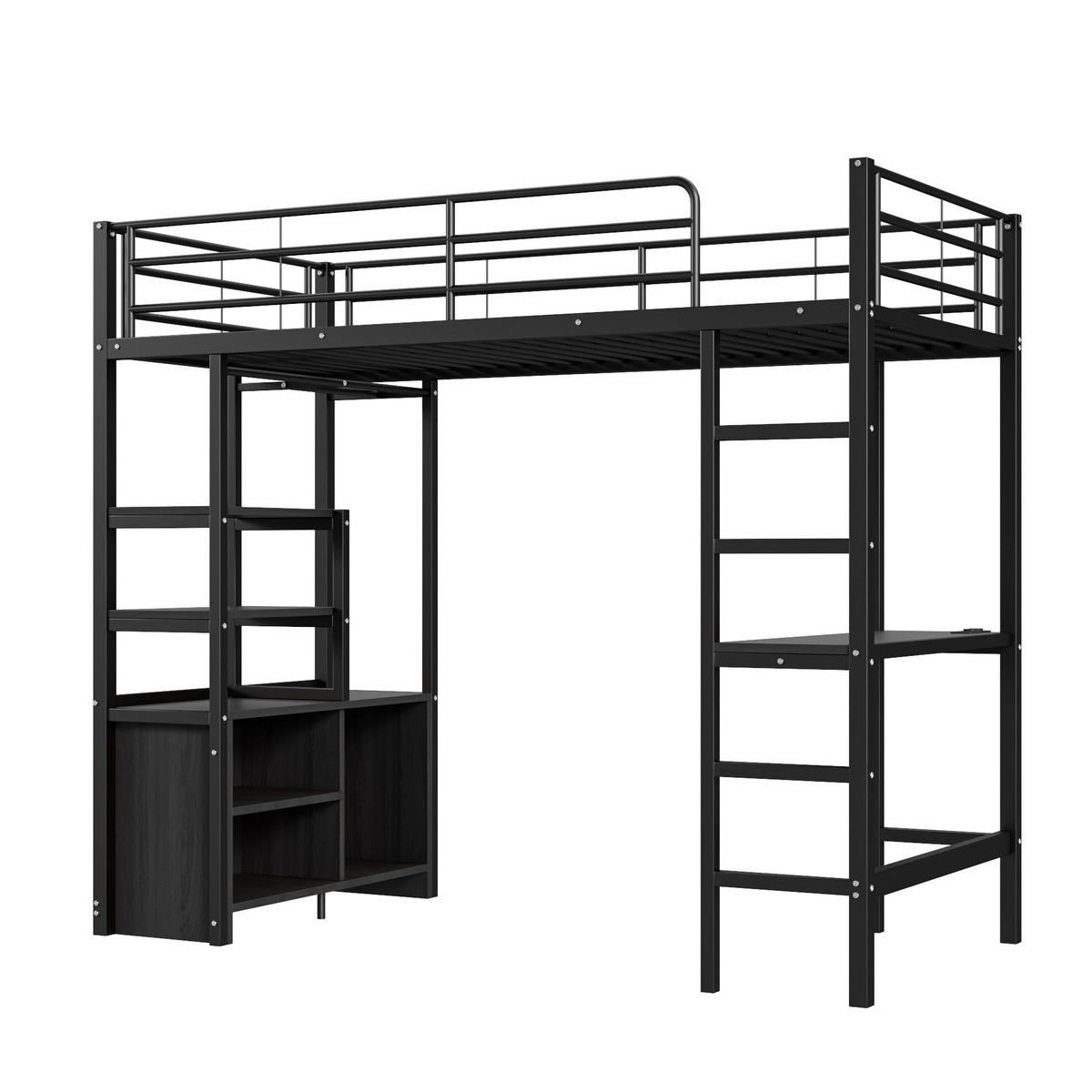HOCHBETT 90/200 cm aus Metall mit Schreibtisch, Regalen und USB-Anschluss - Schwarz, Metall (90/200cm) - Flora Grace