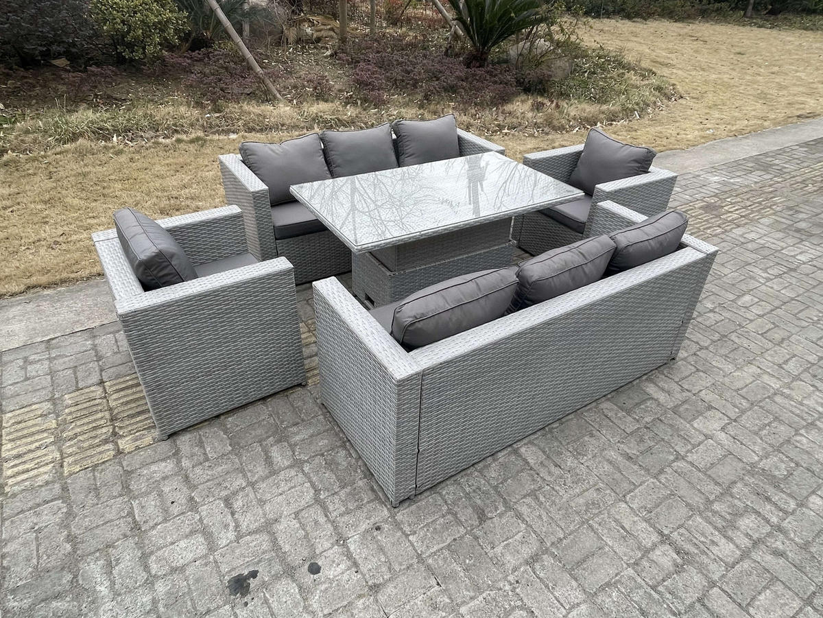 GARTENSOFA SET mit höhenverstellbarer Tisch Polyrattan Helles Grau 8-Sitzer - Hellgrau, Metall - Fimous