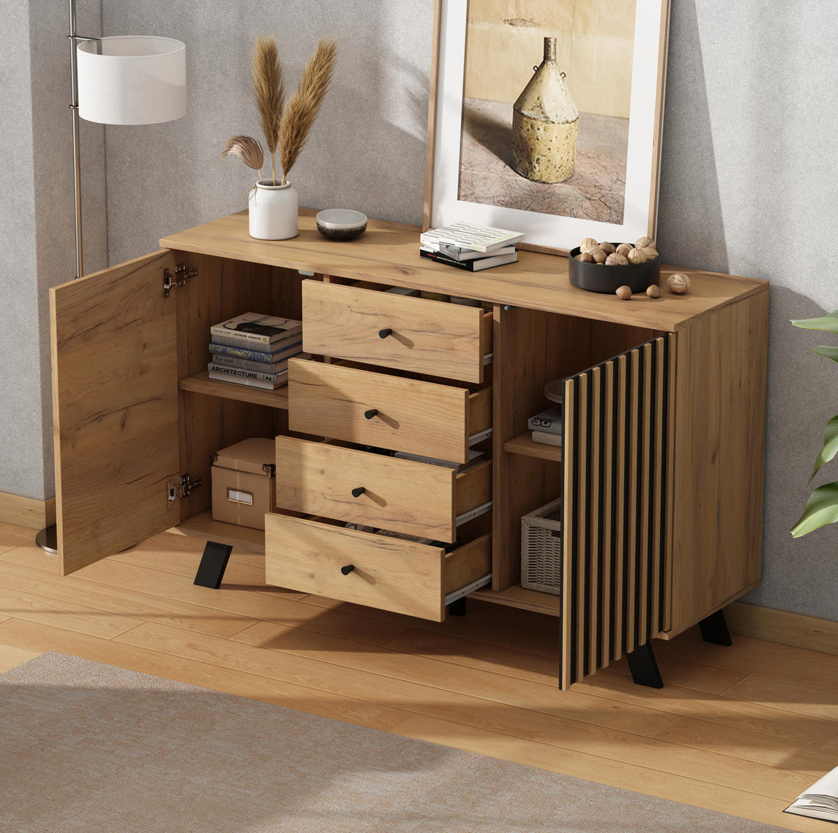 SIDEBOARD 120/38/75 cm z MDF, černá a přírodní, se 4 zásuvkami a 2 Sideboardmi - černá, kompozitní dřevo (120/75/38cm) - Modenvie