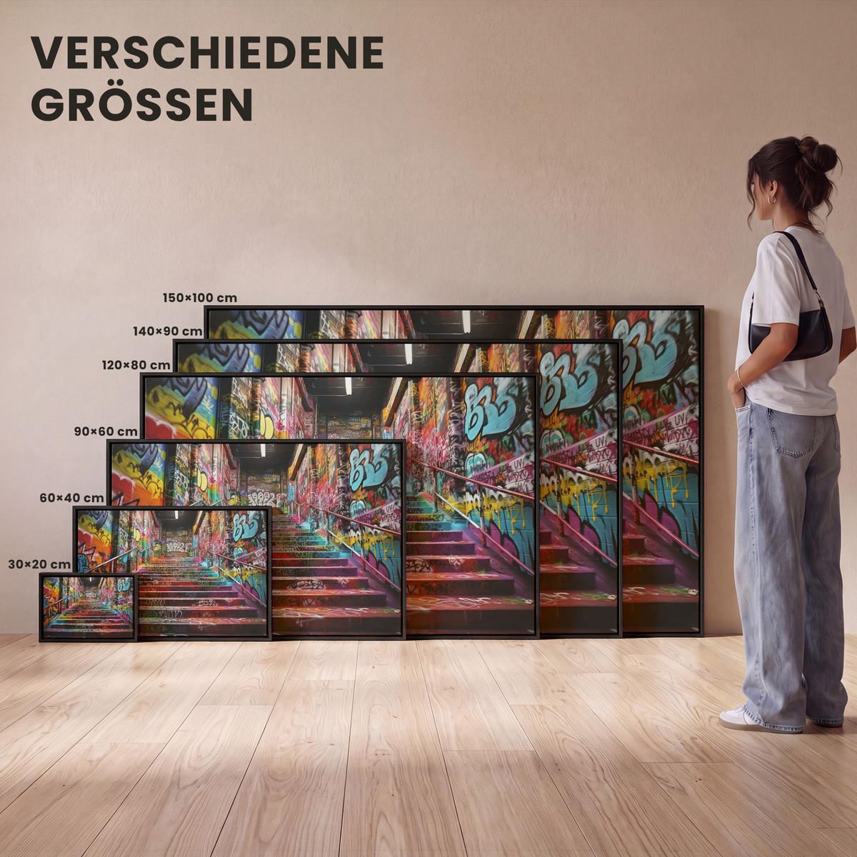 LEINWAND Bilder mit Rahmen - Treppe - Graffiti - Farben - Kunst - 90x60 - Multicolor, Textil (90/60cm) - MuchoWow