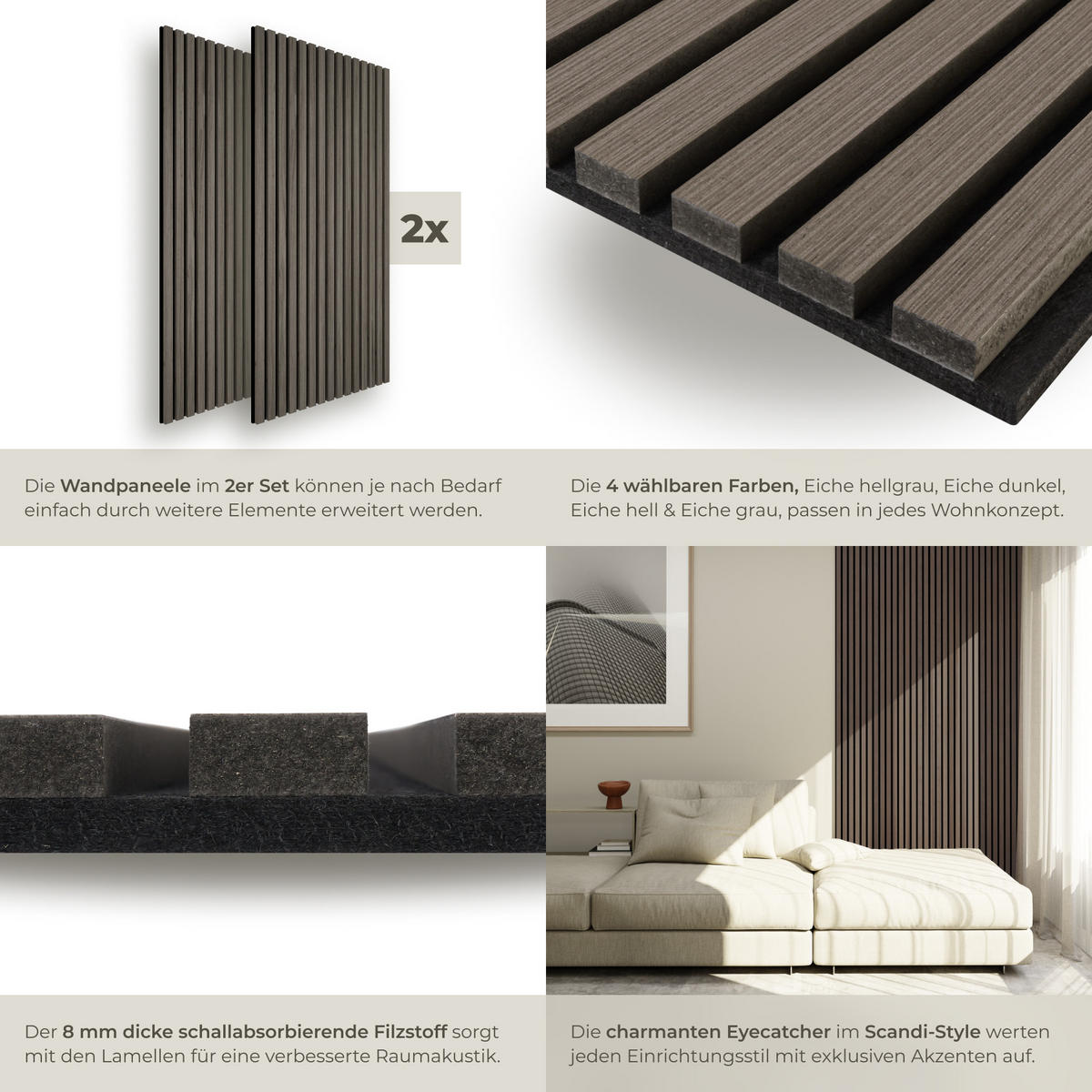 AKUSTIKPANEELE 2er Set Sonic Wall,je 60 x 120 x 2,1 cm, Größe flexibel anpassbar,Eiche grau - Grau/Silbereichenfarben, Holz (60/120/120cm) - tectake