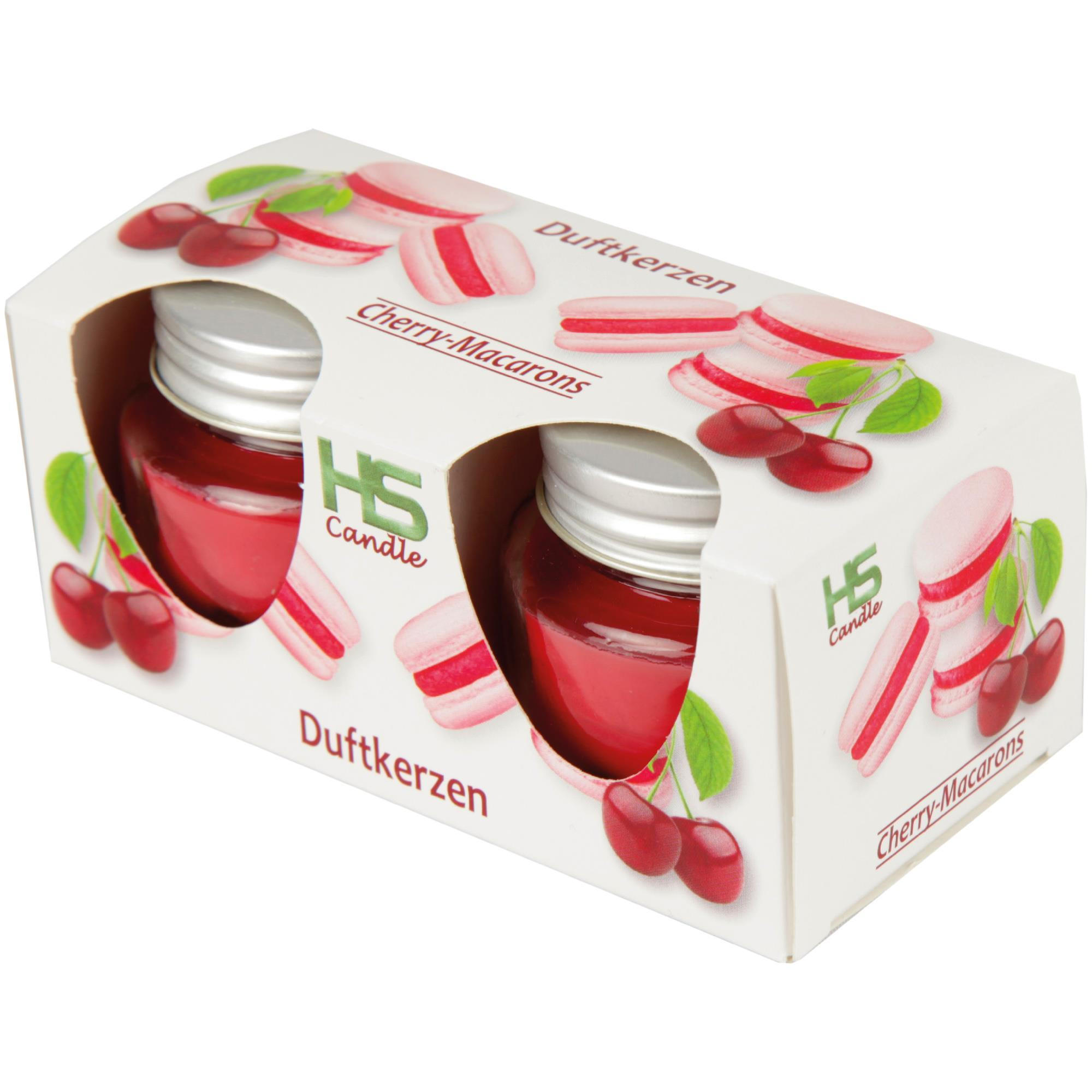 DUFTKERZE im Glas "Macaron Cherry" mit Deckel, 2er Pack mit je ca. 7 Std. Brenndauer, Ø6cm , Raumduft als Geschenk und Dekoration - Kirschrot, Glas (6/5cm) - HS Candle
