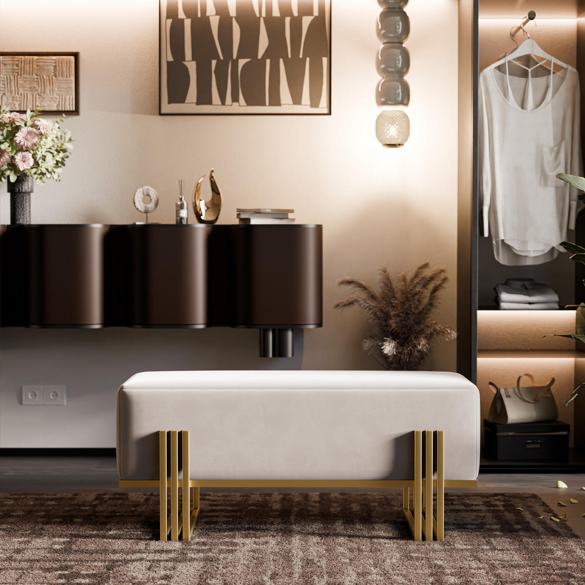 POLSTERBANK TEO 100 cm Gold / Creme ,Metallgestell - Creme, Metall (100/47/35cm) - Idohome