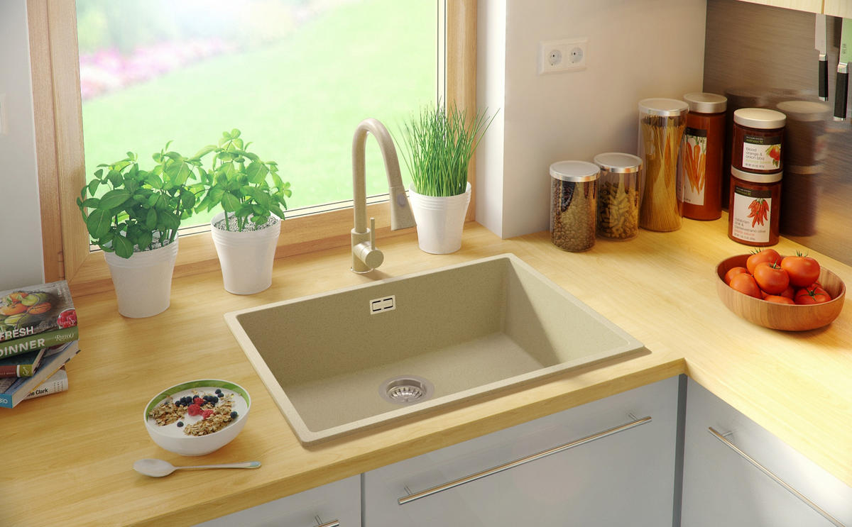 GRANITSPÜLE London Slim, 2-er set Beige 66/47 cm 1 Becken + Küchenarmatur 40/20 cm + Ablauf-Set ab 70er Unterschrank - Beige, Kunststoff (66/20/47cm) - Primagran