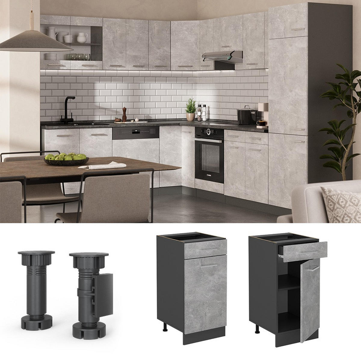 KÜCHENUNTERSCHRANK R-Line Beton 40 cm , AP Eiche - Schieferfarben/Anthrazit, Holzwerkstoff (40/81.6/60cm) - Vicco