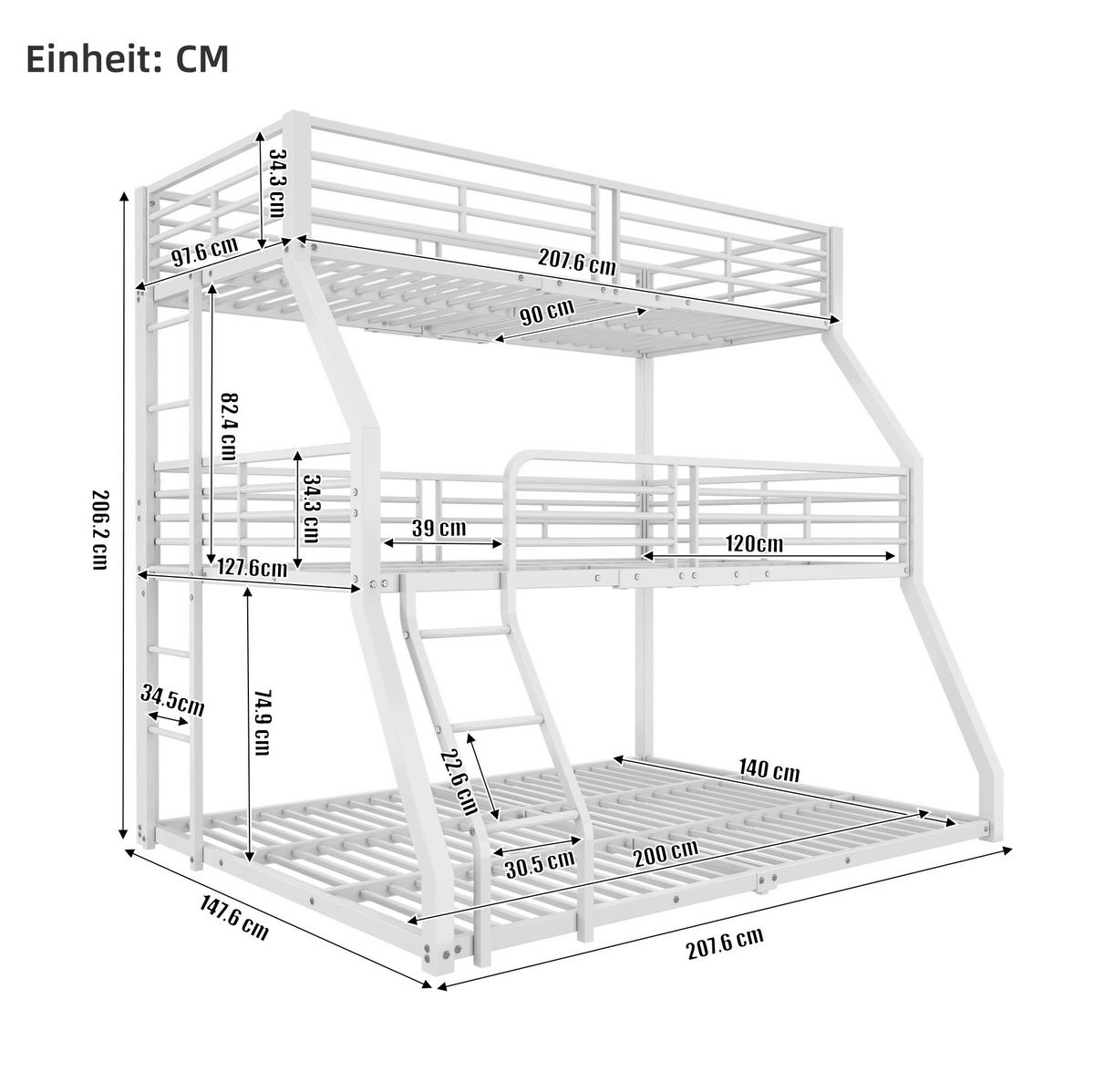 ETAGENBETT 90/200 cm aus Metall in Weiß – Dreifachbett mit 2 Leitern - Weiß, Metall (90/200cm) - BEAOK