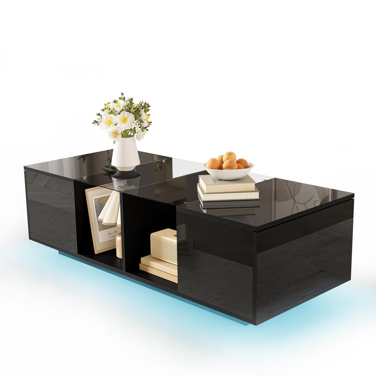 COUCHTISCH 120/50/38,5 cm schwarz mit LED-Beleuchtung und Glasplatte - Schwarz, Holzwerkstoff (120/50/38.5cm) - OKWISH
