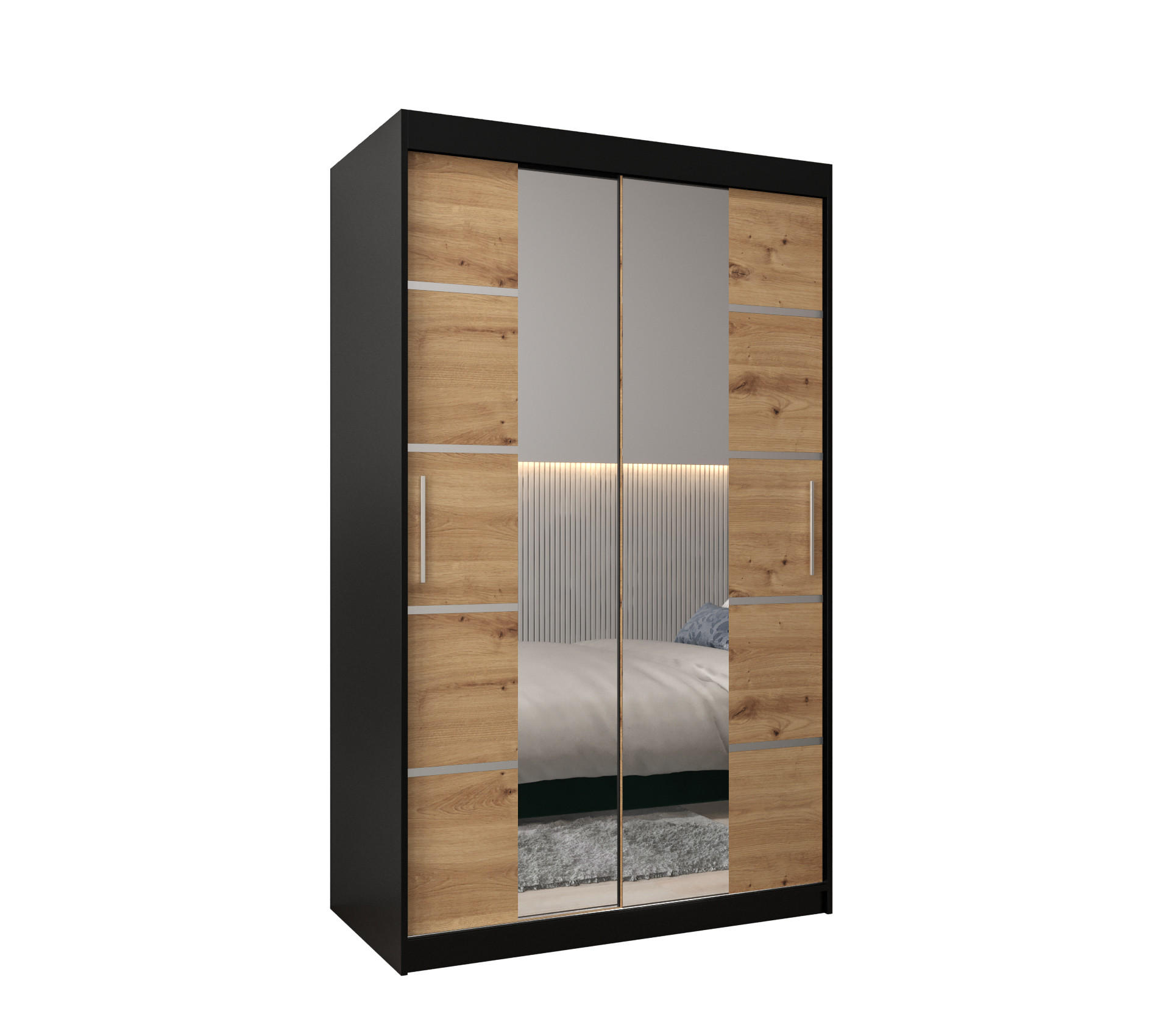 Möbel Kryspol Schwebetürenschrank Schwarz, Eiche Artisan, Silber 120x200x62 cm