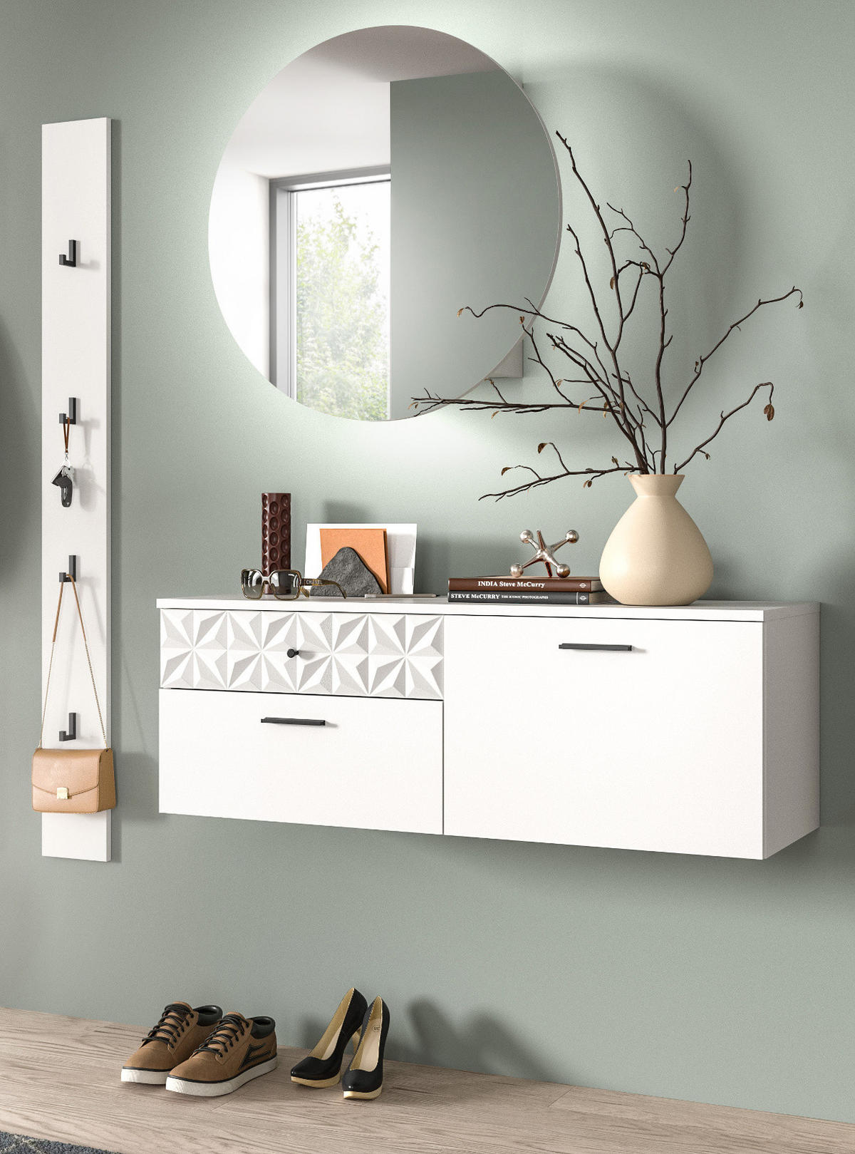 GARDEROBE Set weiß Hochglanz 140 cm, Kombination mit 3D-Struktur - Weiß Hochglanz/Schwarz, Glas/Holzwerkstoff (141/192/34cm) - Inn.Furn