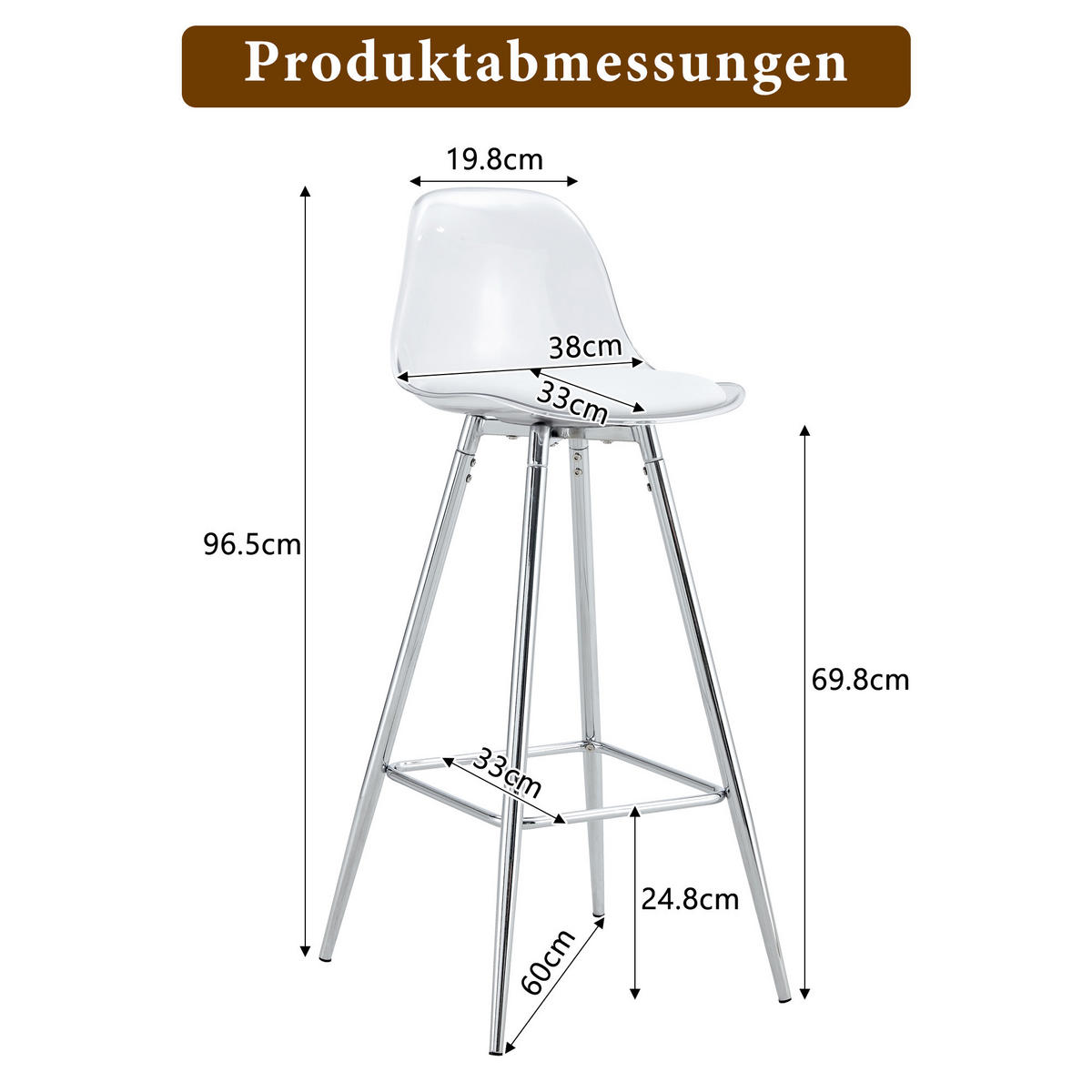 BARHOCKER 2er-Set Transparent mit Rückenlehne und silberfarbenem Metallgestell - Silberfarben, Metall (38/96.5/33cm) - PANGIVO