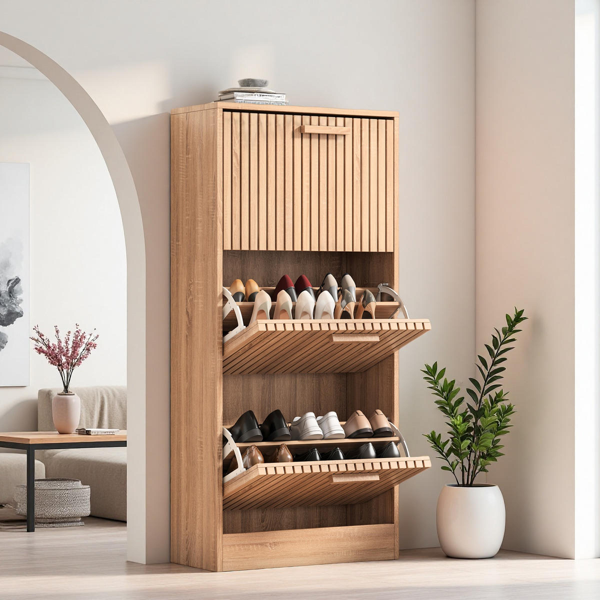 SCHUHSCHRANK 60x24x113 cm 3 Klapptüren Stauraum Holzoptik - Naturfarben, Holz (24/113/60cm) - LEBENLANG