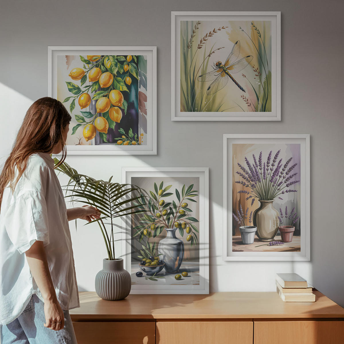WANDBILDER 4er-Set - 50x50 cm & 40x60 cm Weißer Rahmen - Olivenblüten in Vasen Natur - Weiß, Kunststoff (50/50cm) - ArtPrintCave