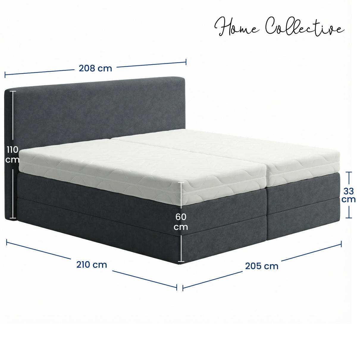 BOXSPRINGBETT mit Bonnell Matratze, mit Kopfteil, 200 x 200 cm, in Dunkelgrau - Anthrazit, Naturmaterialen (200/200cm) - Home Collective