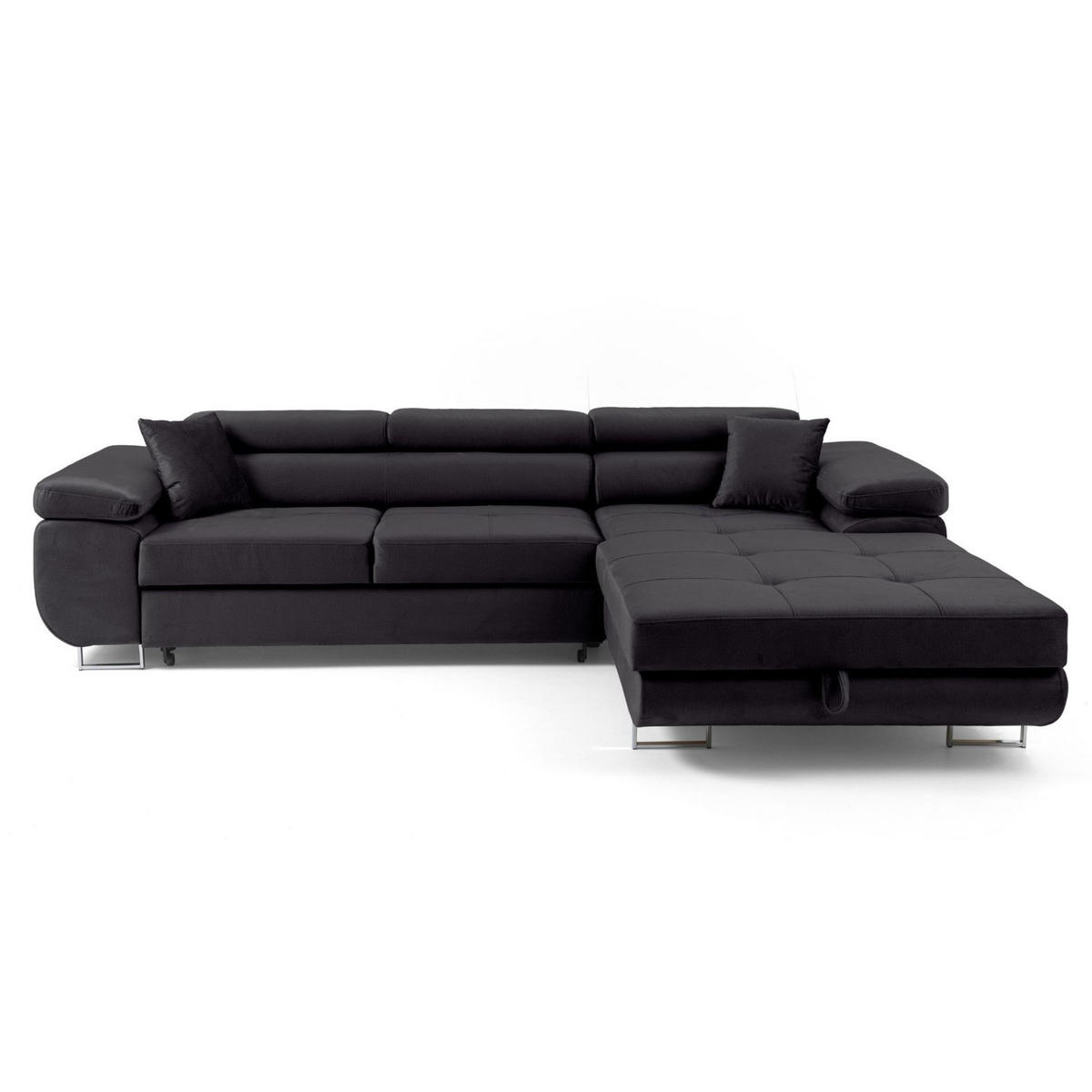 ECKSOFA ALONZO L Rechts mit Schlaffunktion 125x195 Velours Schwarz - Silberfarben/Schwarz, Holz/Textil (203/275cm) - Muffo