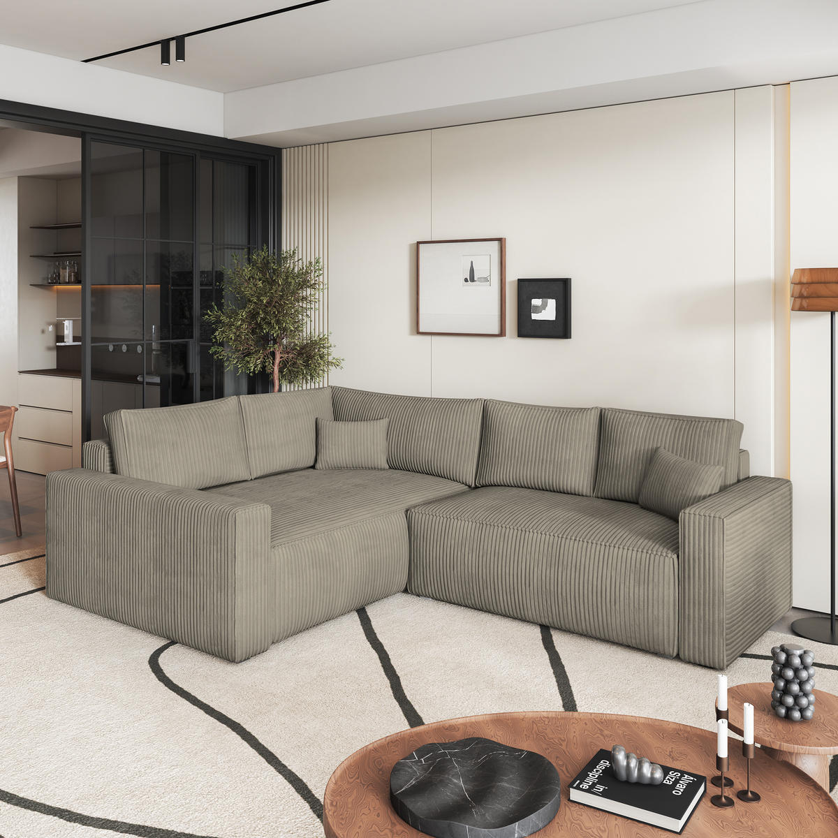 ROHOVÁ SEDAČKA ERONIS béžová - šedá/béžová, dřevo/textil (265/194cm) - MASSENO