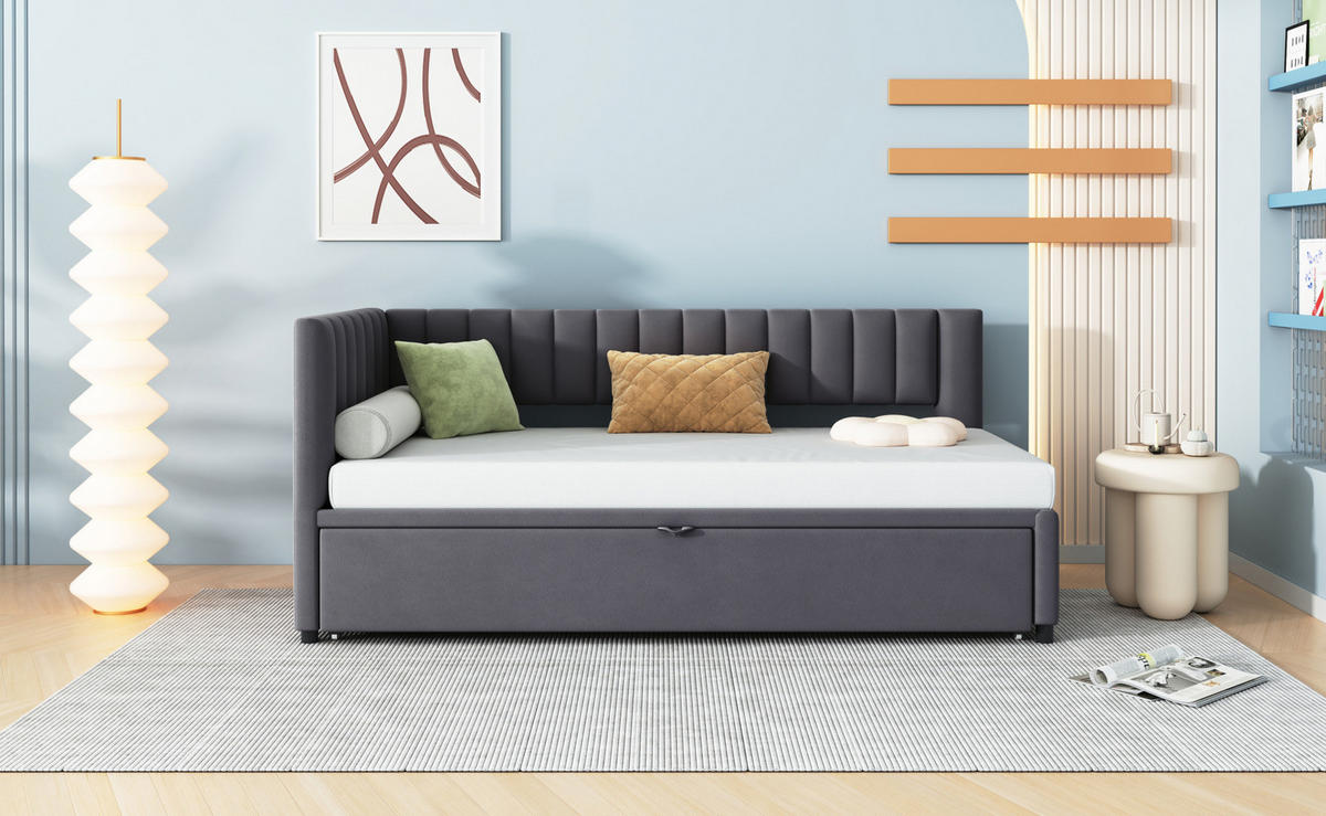 POLSTERBETT 90/200 cm Grau aus Samt mit Ausziehbett - Grau, Textil (90/180cm) - OKMYHOME