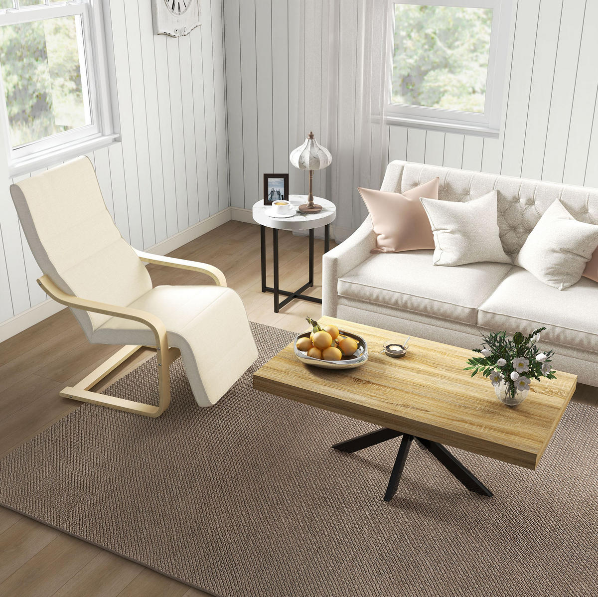 RELAXSESSEL Freischwinger mit verstellbarer Fußstütze Birkenholz, Stoffbezug 66,5/94/100 cm Cremeweiß - Creme, Textil (94/100/66.5cm) - Redom