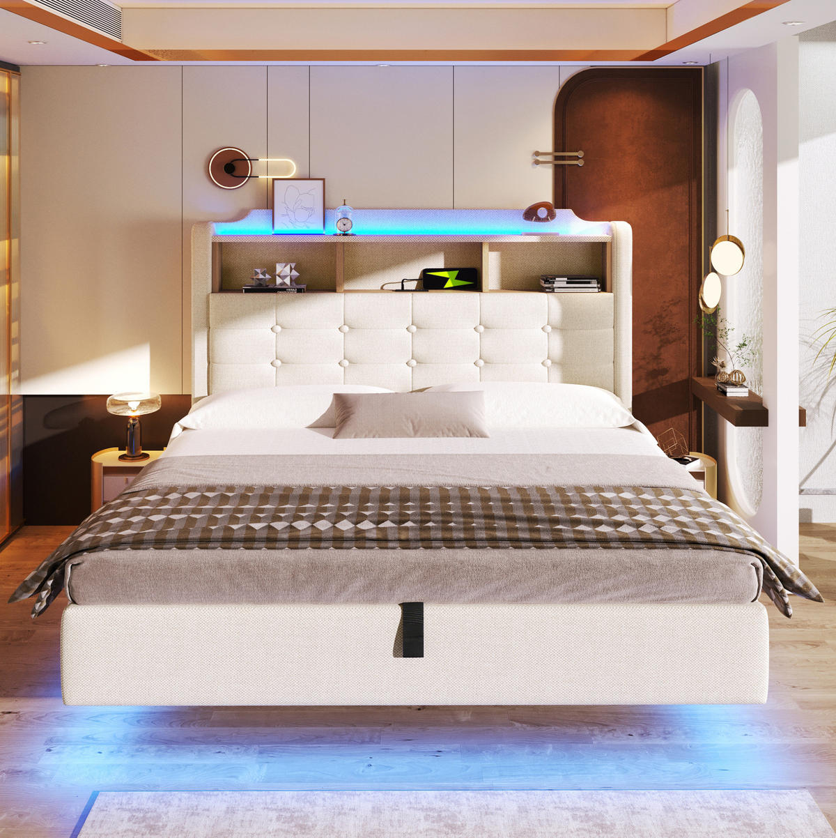 POLSTERBETT 140/200 cm Beige aus Leinen mit LED-Lichtleiste - Beige, Textil (140/200cm) - OKMYHOME