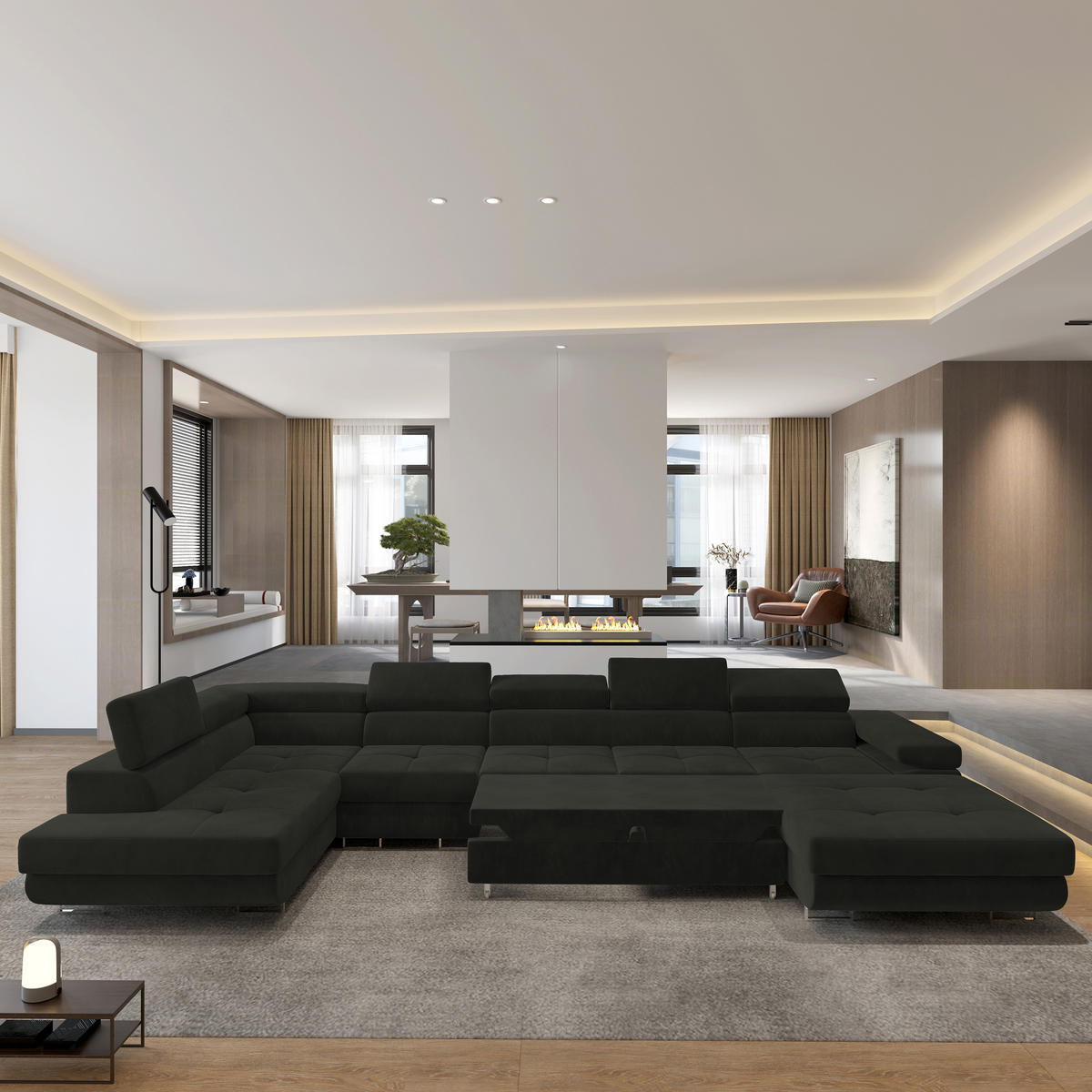 WOHNLANDSCHAFT VELORA L-S Schwarz Velours-Stoff mit Schlaffunktion - Schwarz, Holz (419/90/202cm) - MASSENO