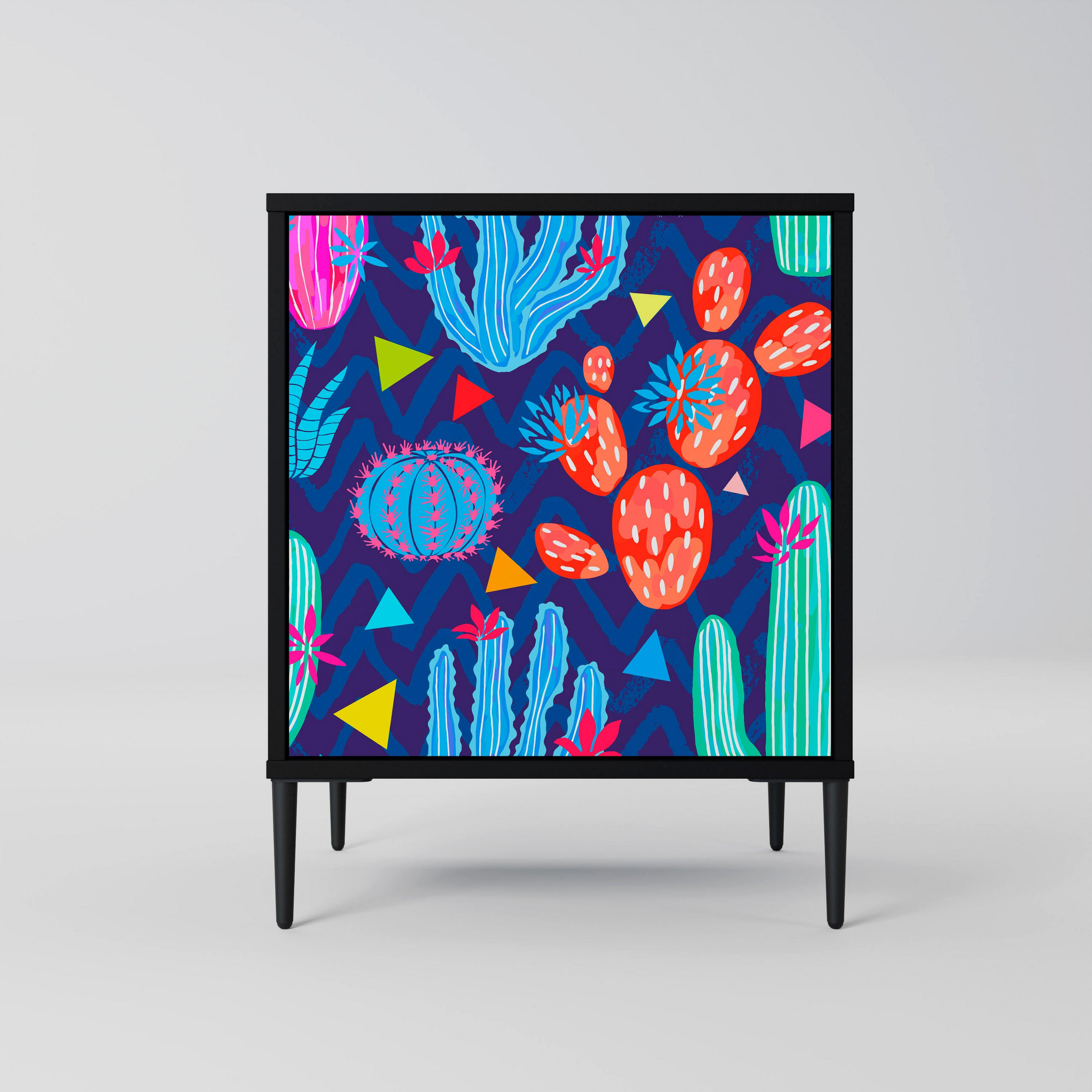 SIDEBOARD CACTUS VIBES, Schwarz, 57,5x42x72,5 cm, Schwarze Metallfüße - Multicolor/Schwarz, Holzwerkstoff/Metall (57.5/72.5/42cm) - SpaceRebels