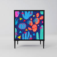 SIDEBOARD CACTUS VIBES, Schwarz, 57,5x42x72,5 cm, Schwarze Metallfüße - Multicolor/Schwarz, Holzwerkstoff/Metall (57.5/72.5/42cm) - SpaceRebels