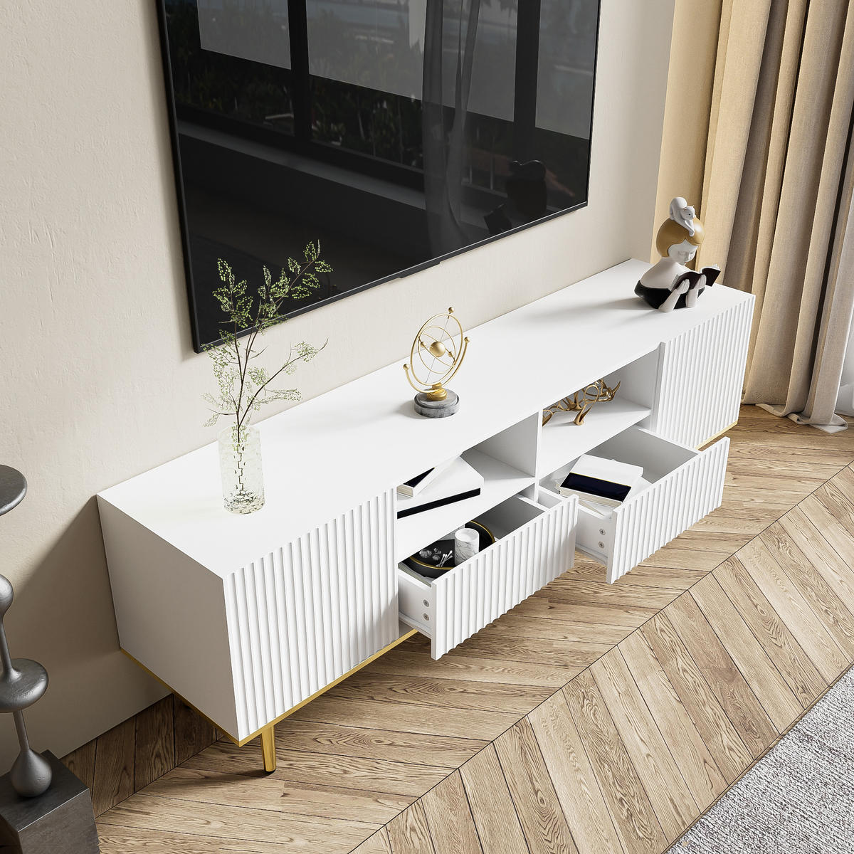TV-ELEMENTMODERNER 165x36x55cm Schwarz-Gold mit Schubladen und Goldenen Füßen - Weiß, Holz (43/19.5/97cm) - Raelunyi