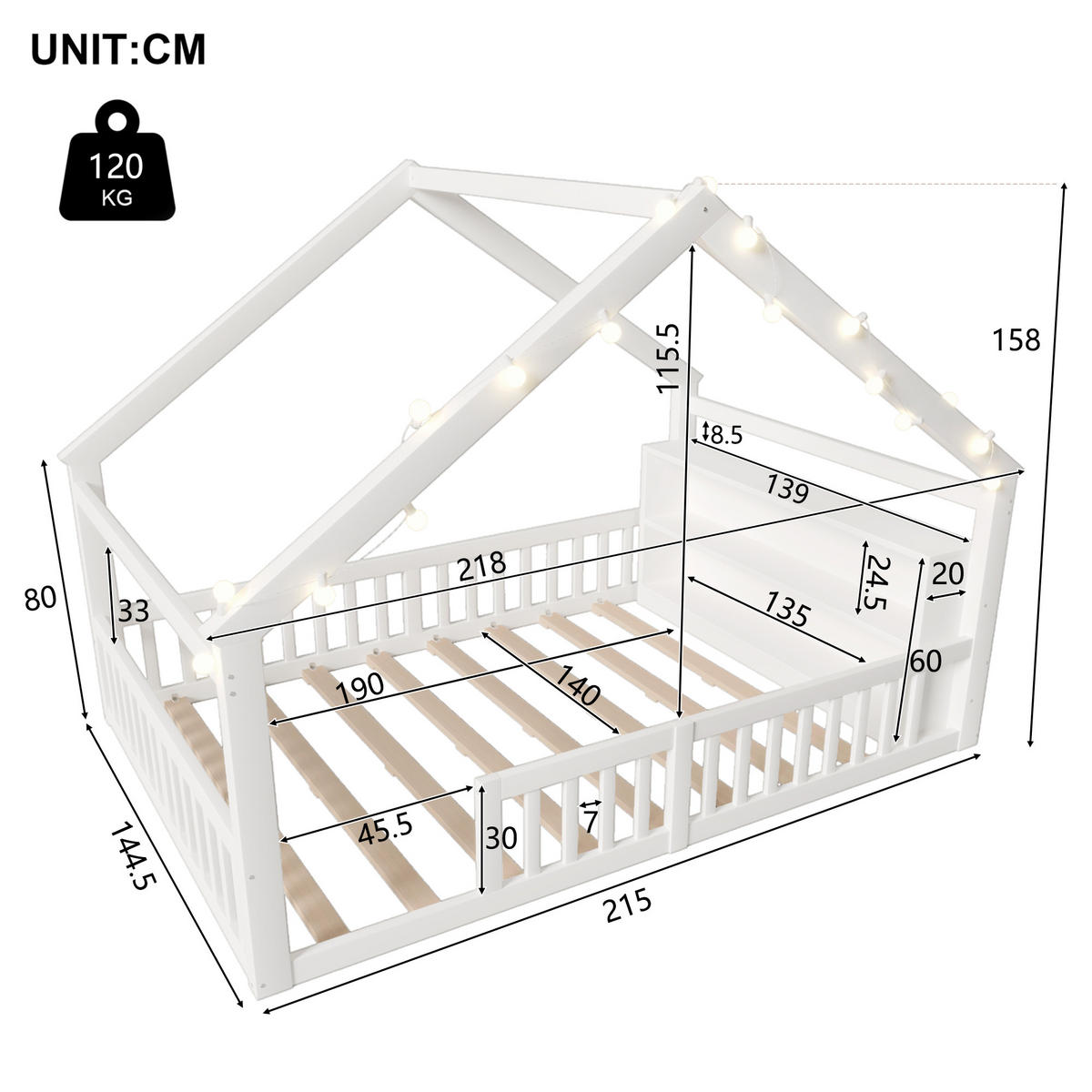 FLACHBETT 140x190cm Weiß Kiefer Kinderbett Gitter Hausleiste - Weiß, Holz (140/190cm) - FLIEKS