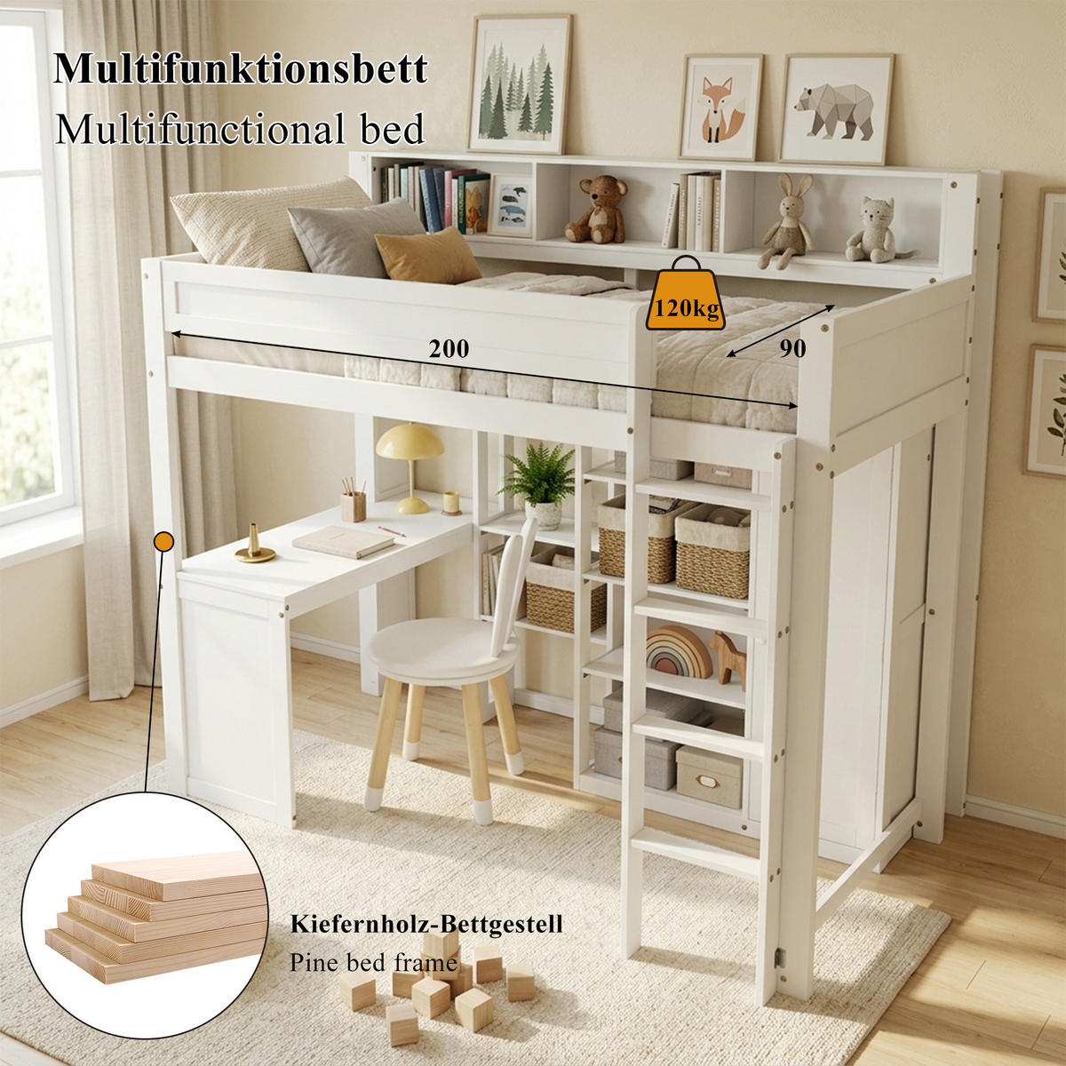 ETAGENBETT 90/200 cm in Weiß mit Regal, Tisch und Kleiderschrank - Weiß, Holz/Holzwerkstoff (90/200cm) - WISHDOR