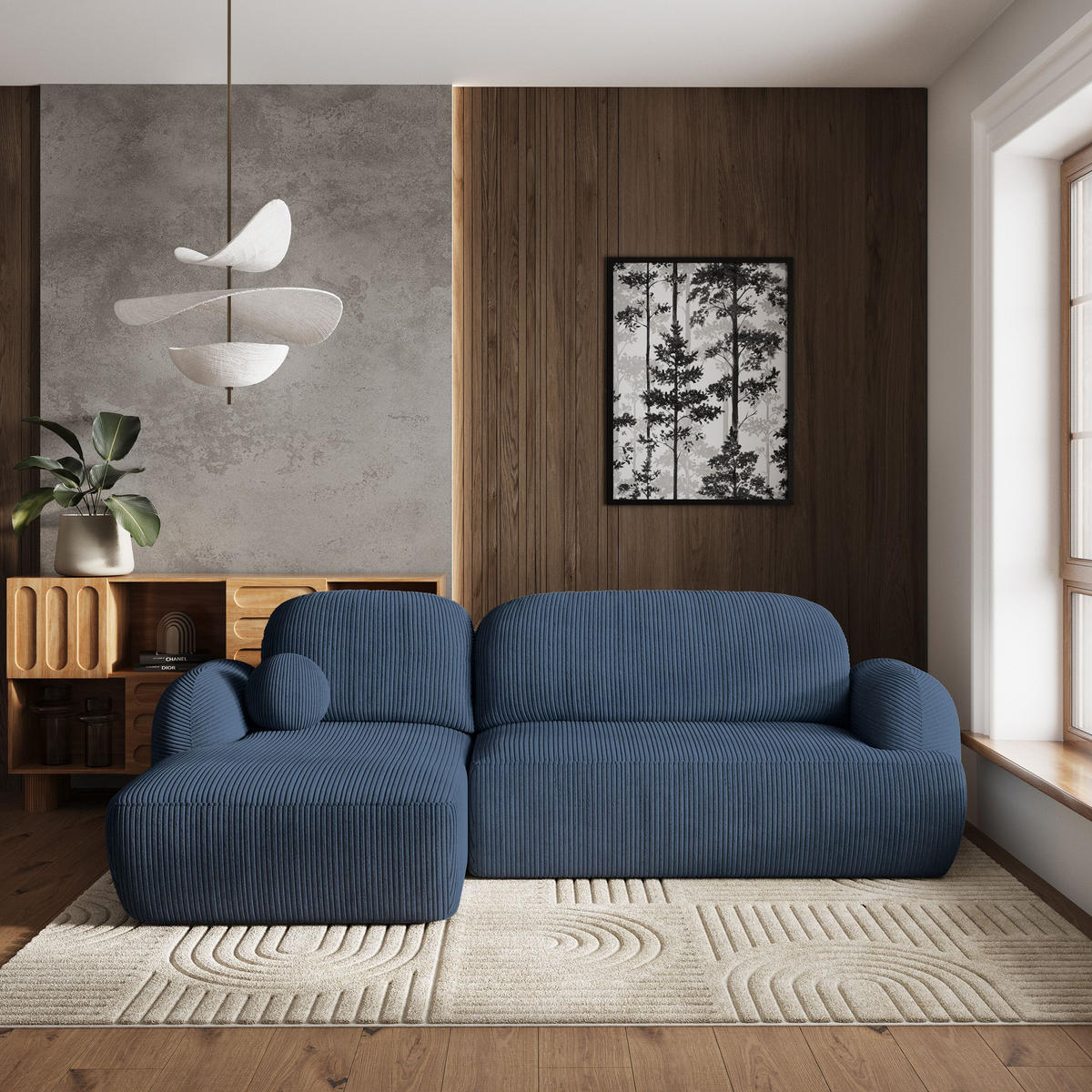 ECKSOFA MODENZA P L-S Blau Kordstoff mit Schlaffunktion - Blau/Schwarz, Holz/Kunststoff (266/148cm) - MASSENO