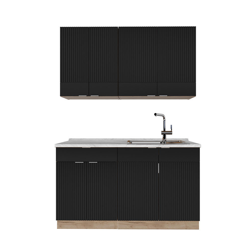 SINGLEKÜCHE Fame-Line, Schwarz gestreift/Goldkraft Eiche, 140 cm, AP Marmor - Honigeiche/Schwarz, Holzwerkstoff (140/81.6/60cm) - Vicco