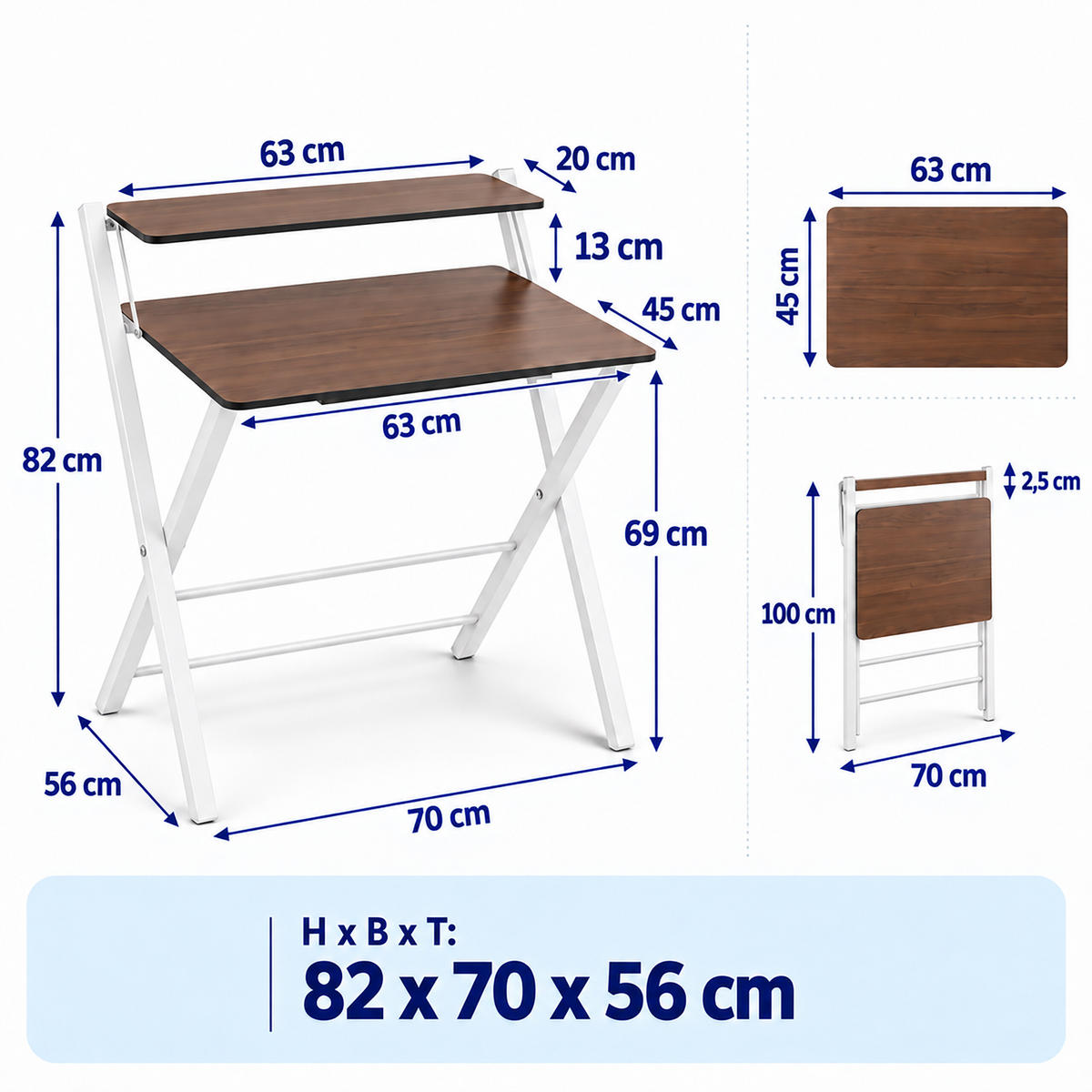SKRIVBORD Vit fällbart med monitorhylla 70x56 cm - Vit, Träbaserade material/Metall (56/70/82cm) - Relaxdays