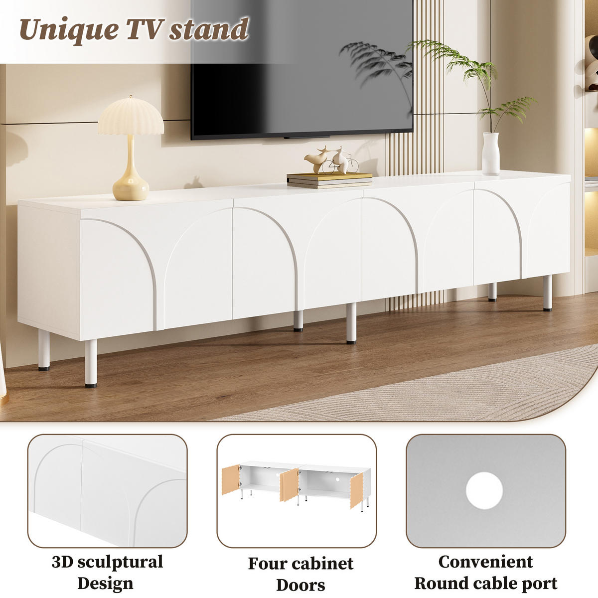 TV-SCHRANK Weiß 180/35/49 cm, 4 Türen, Metallfüße, 3D-Design - Weiß, Holzwerkstoff (180/49/35cm) - PANGIVO