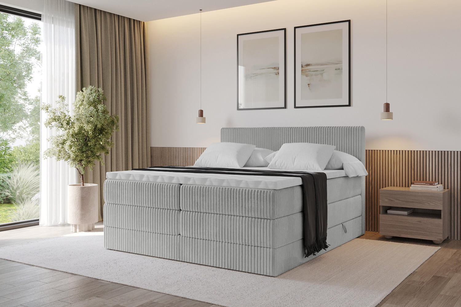 BOXSPRINGBETT mit Matratze H3|H4 und Lattenrost - TOLO KING 200x200 Cord - Hellgrau - Hellgrau, Holzwerkstoff (200/200cm) - ALTDECOR