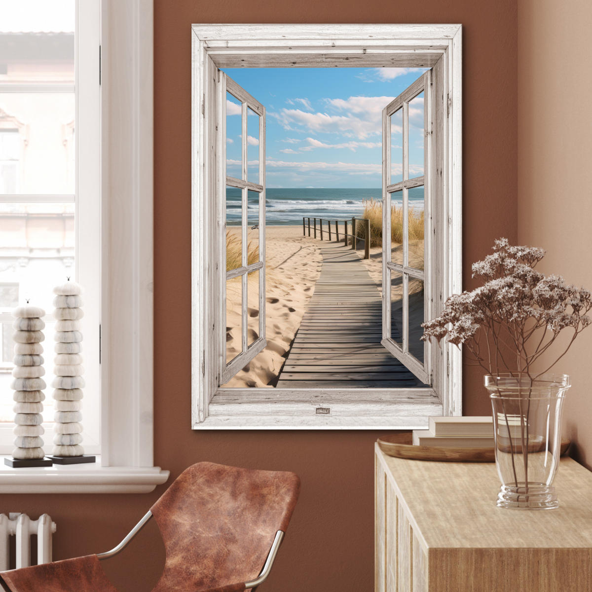 METALLBILD Fenster - Meer - Küste - Natur - Ausblick - Strand - Wattenmeer 60x90 cm - Beige, Metall (60/90cm) - MuchoWow