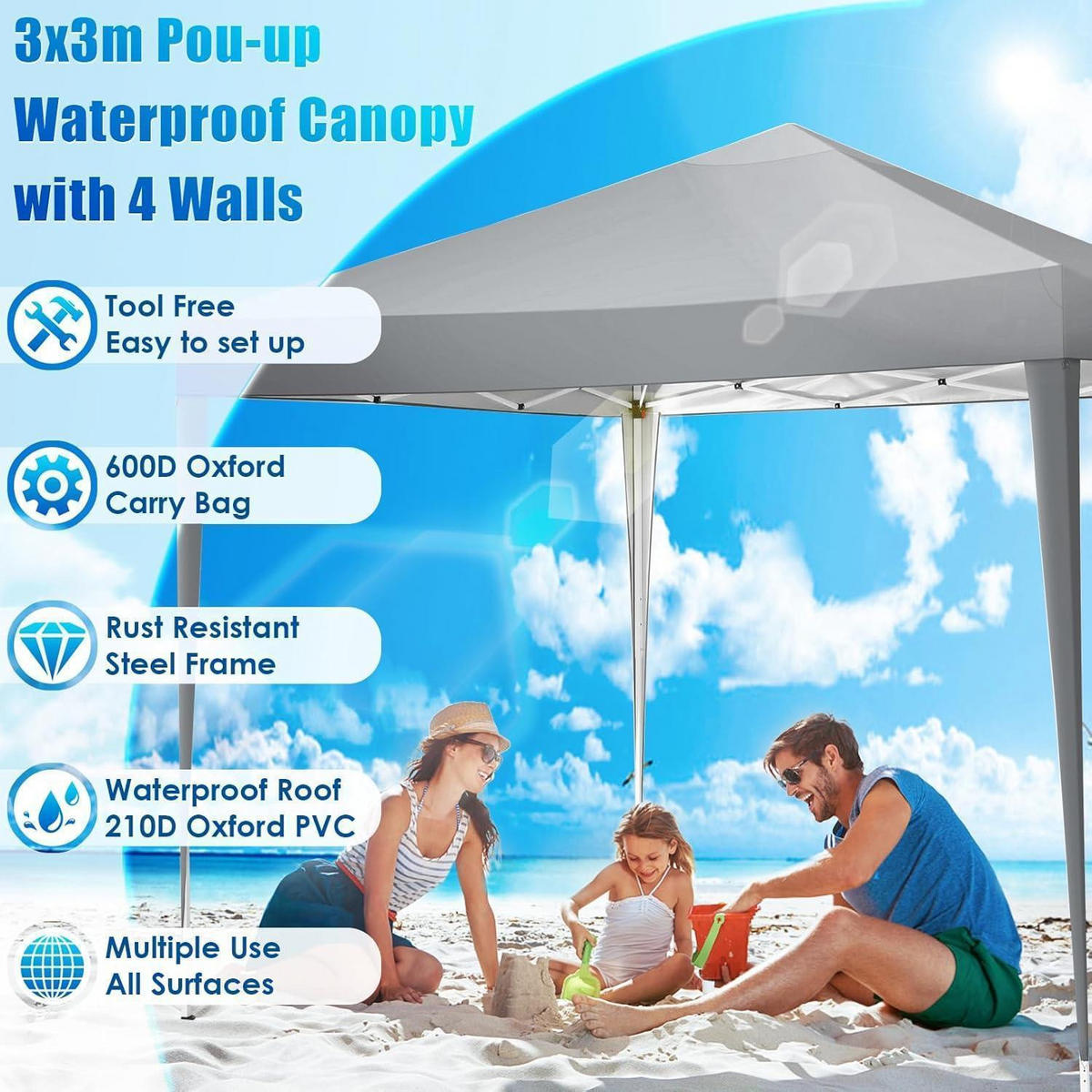 FALTPAVILLON 300 x 300 cm Grau Höhenverstellbar Wasserdicht - Grau, Textil (299.7/269.2/299.7cm)