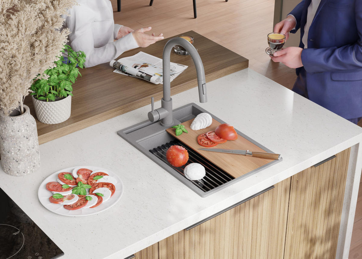 GRANITSPÜLE Oslo Pocket, 2-er set Grau 38/53 cm 1 Becken + Küchenarmatur 40/20 cm + Ablauf-Set + Küchenzubehörset ab 40er Unterschrank - Chromfarben/Beige, Kunststoff (38/20/53cm) - Primagran