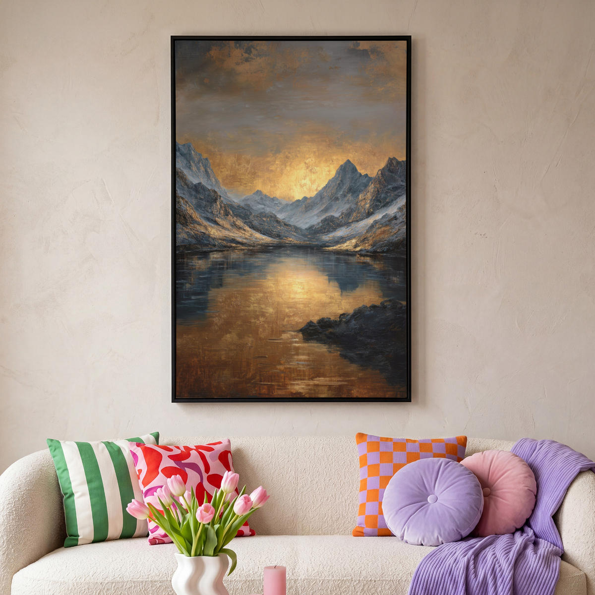 LEINWAND Bilder mit Rahmen - Bergkulisse mit goldenem Sonnenuntergang - 80x120 - Goldfarben, Textil (80/120cm) - MuchoWow