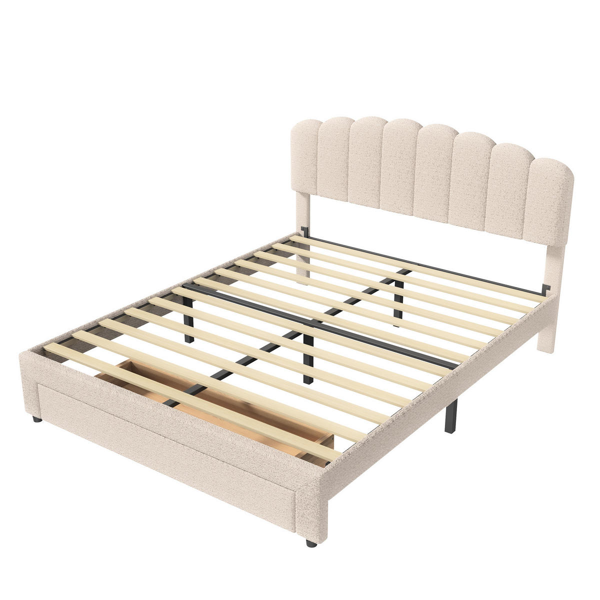 POLSTERBETT Muschel-Design 140/200 cm mit Schubkasten & USB Teddy-Fleece Beige - Beige, Textil (140/200cm) - Creahappy
