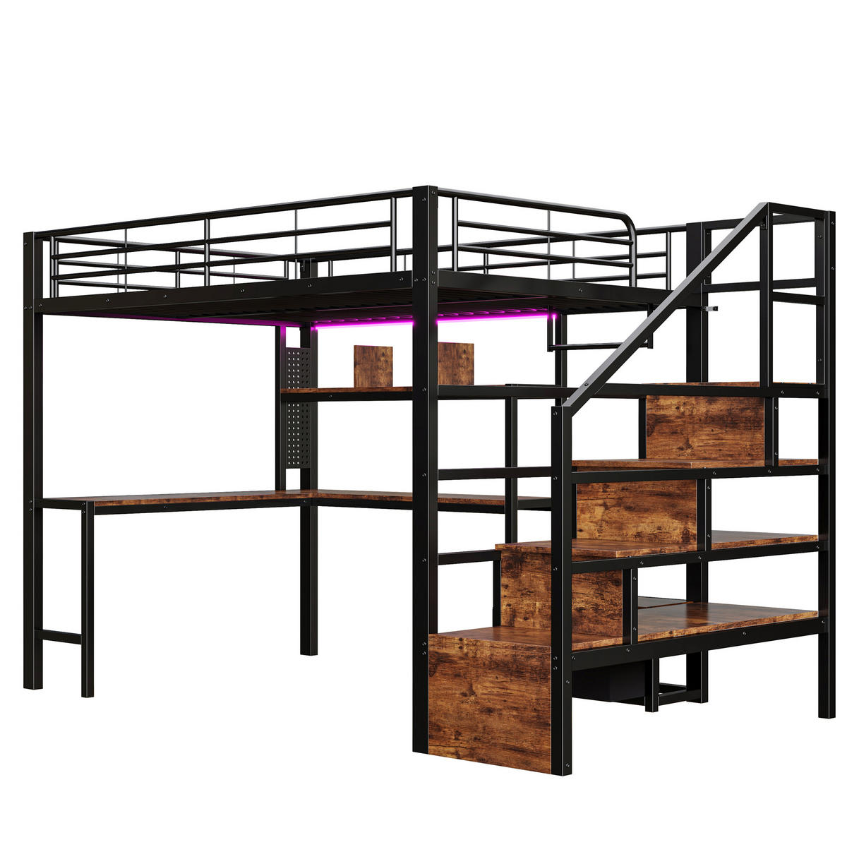 HOCHBETT 140/200 cm mit Eisenrahmen Schwarz, Schreibtisch, Stauraumtreppe und LED-Licht - Schwarz, Metall