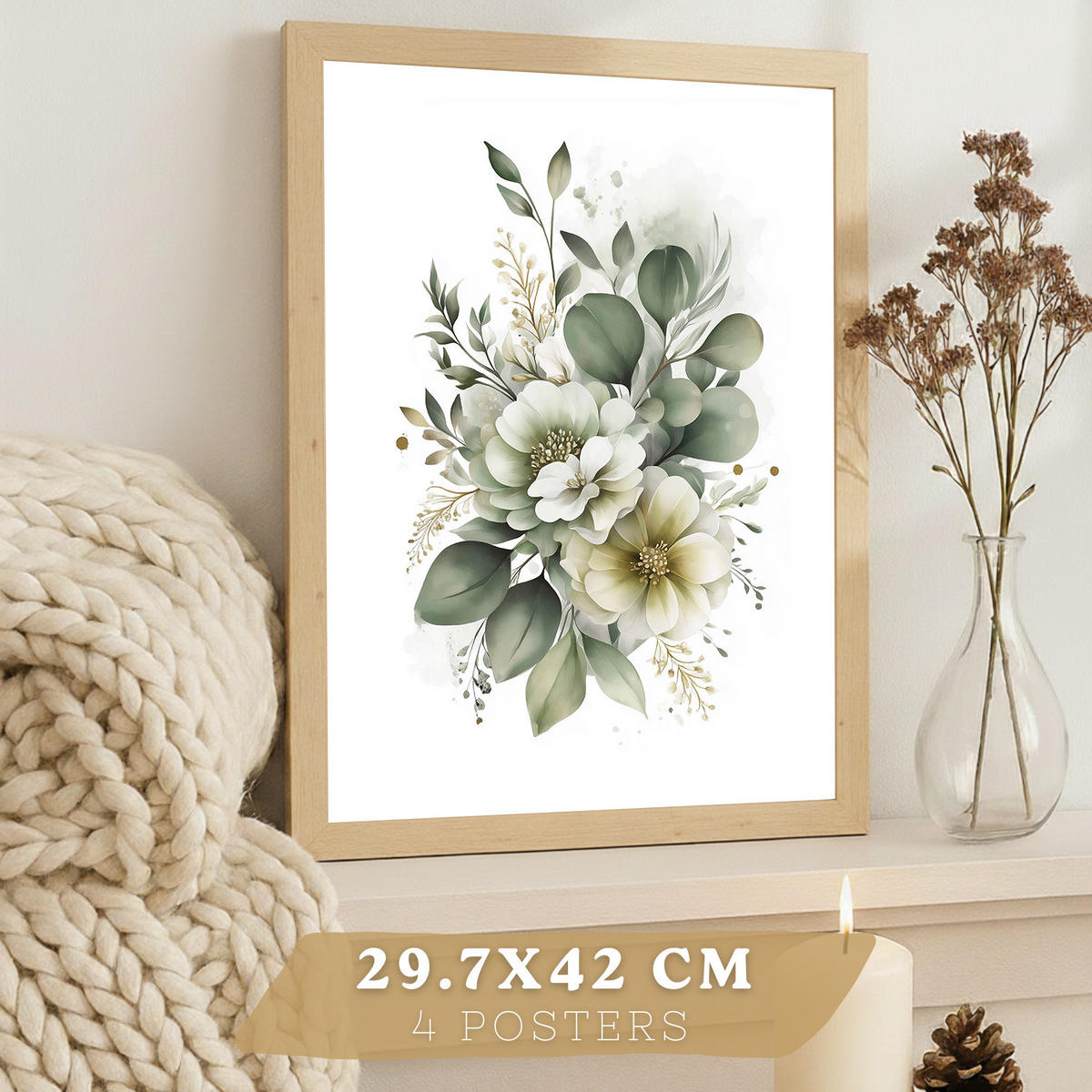 PLAKAT Sada 4 botanických uměleckých tisků. Akvarelové květinové nástěnné umění. Velikost Světlý dřevěný rám A3 - béžová, papír (29.7/42/3cm) - Nacnic