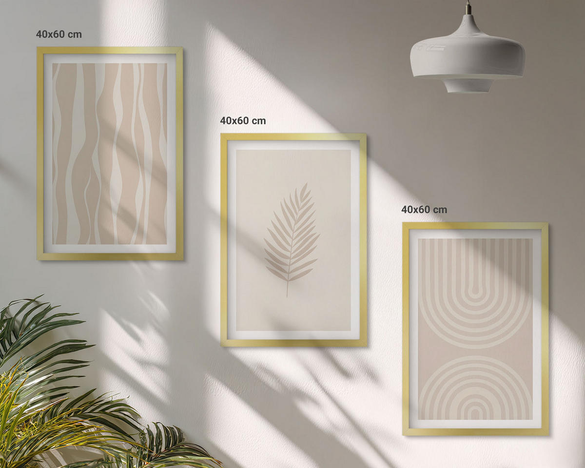 BILDER SET 3er Set - 40x60 cm Goldrahmen - Beige Pflanzenmuster - Goldfarben, Kunststoff (40/60cm) - TULUP