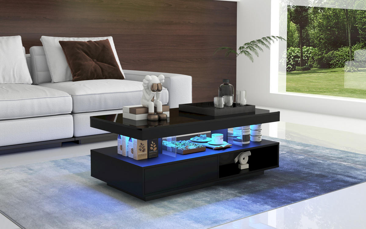 COUCHTISCH Schwarz Hochglanz mit 4 Glaseinsätzen, 2 Schubladen & LED per App, 95/50/42,5 cm,Schwarz - Schwarz, Holzwerkstoff (50/95/42.5cm) - Redom