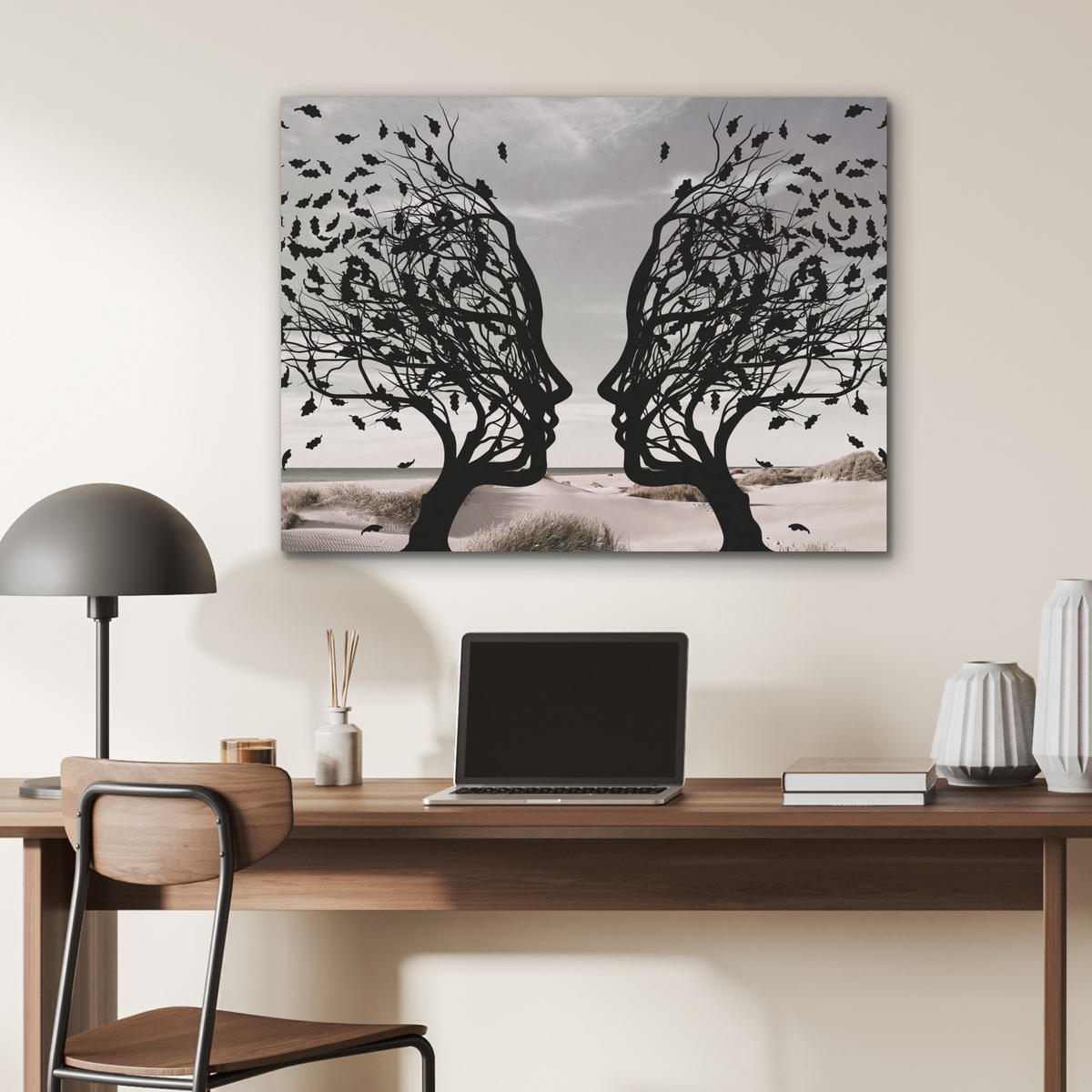 AKUSTIKPANEEL Strand - Meer - Menschen - Baum - Moderne Kunst 80x60 cm - Hellgrau, Textil (80/0.9/60cm) - MuchoWow